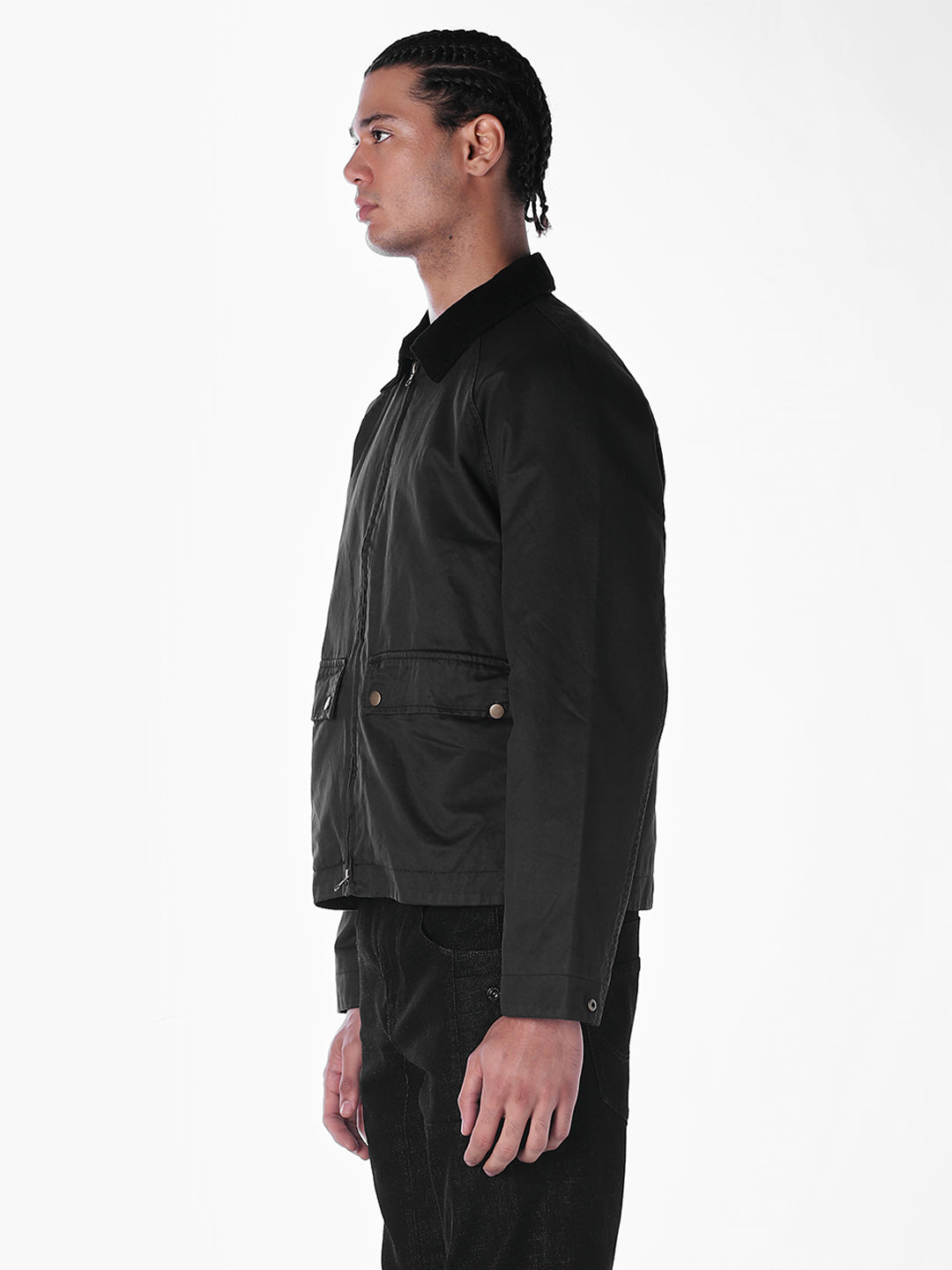 Men's Black Waxed Zip-Front Jacket With Flap Pockets