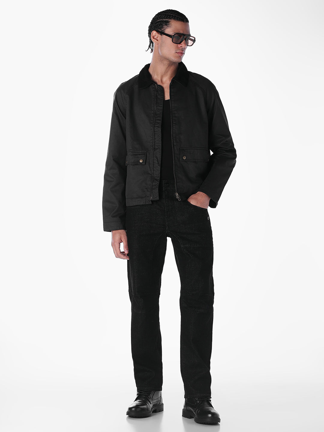 Men's Black Waxed Zip-Front Jacket With Flap Pockets