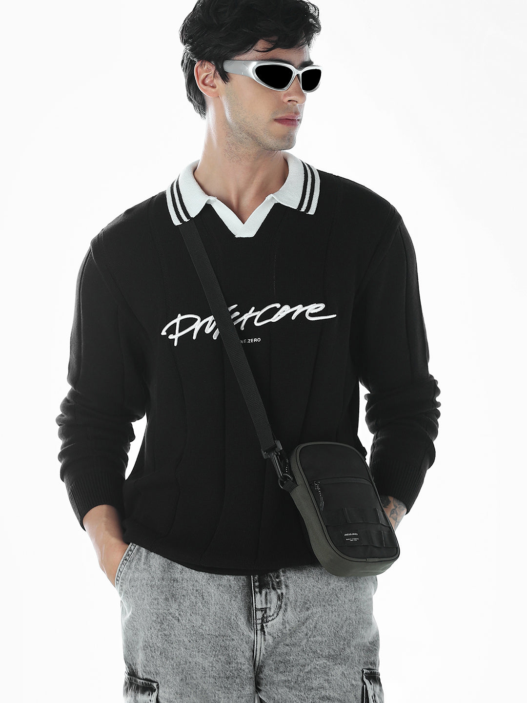 Oversized Knitted Polo - Black - XL