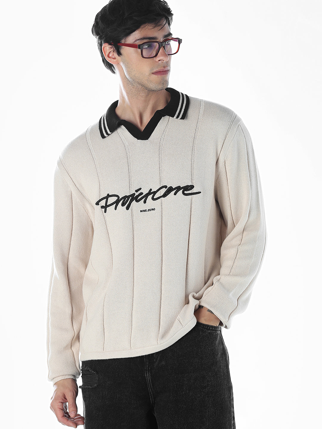 Oversized Knitted Polo - Beige - XL