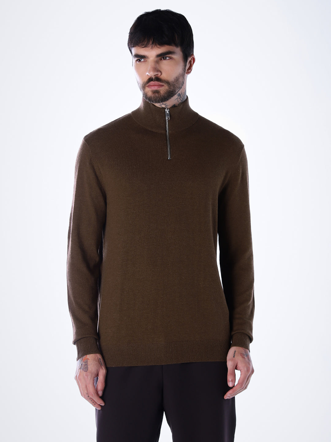 Zip High Neck T-shirt - Dark Brown