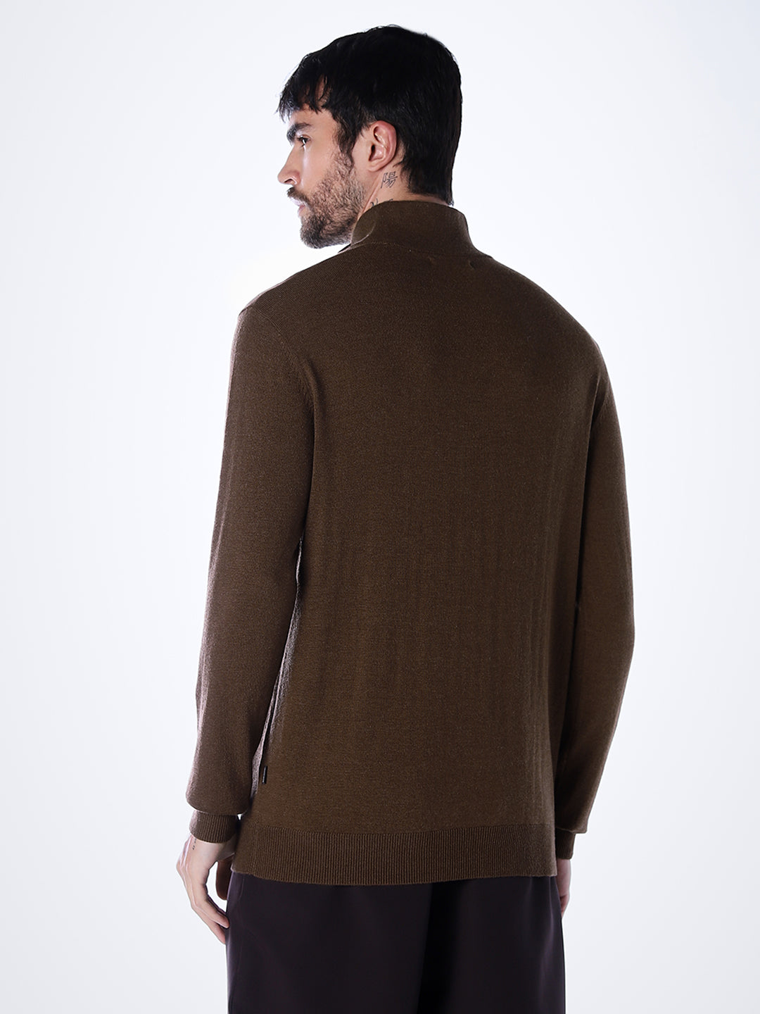 Zip High Neck T-shirt - Dark Brown