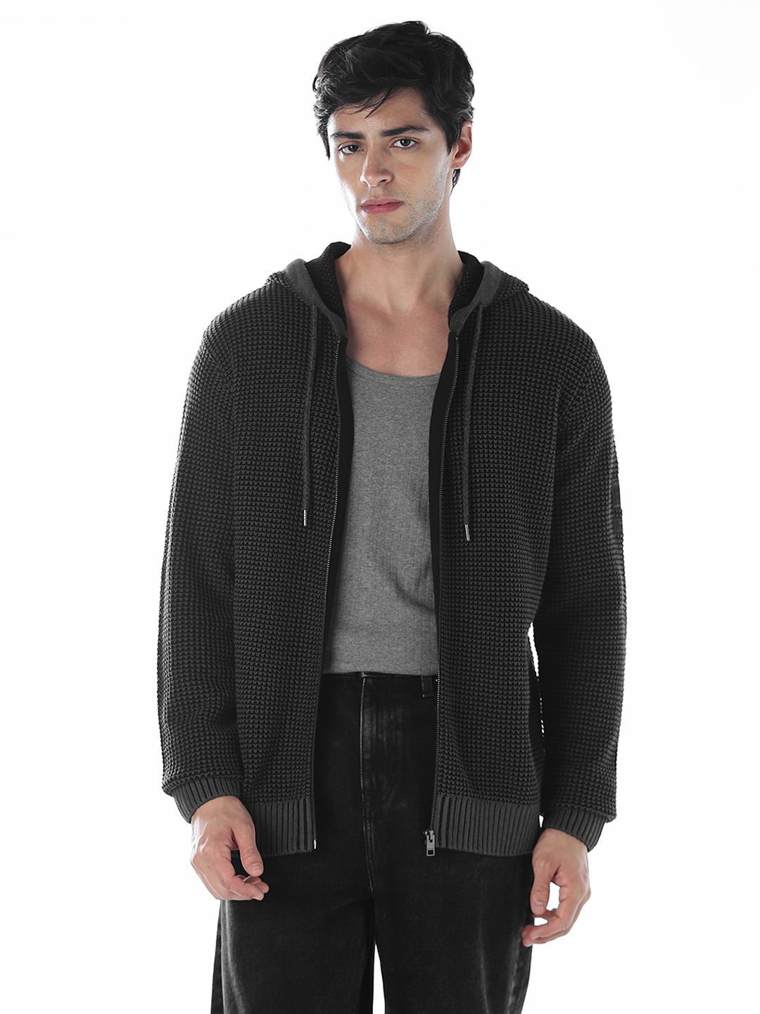 Hooded Front Open Oversized Pullover - Black