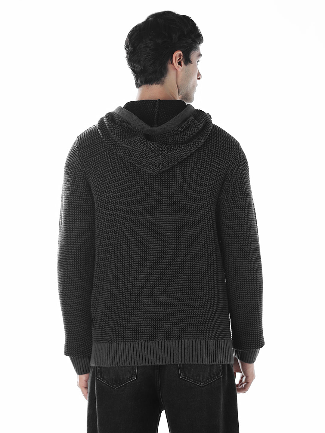 Hooded Front Open Oversized Pullover - Black