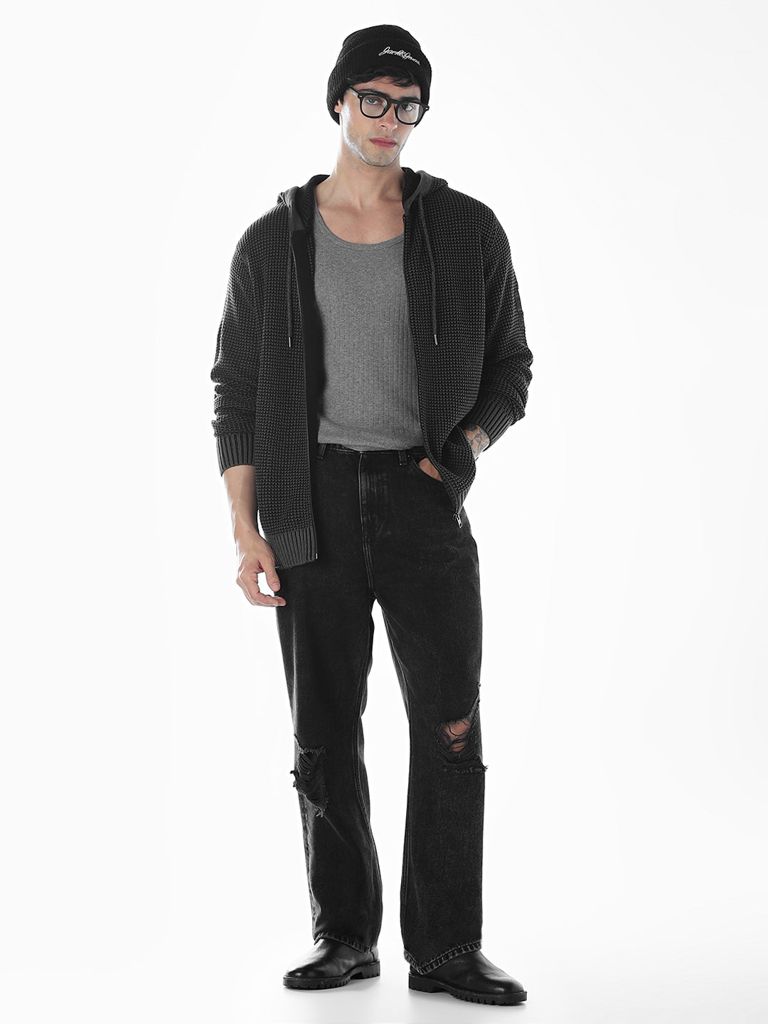 Hooded Front Open Oversized Pullover - Black