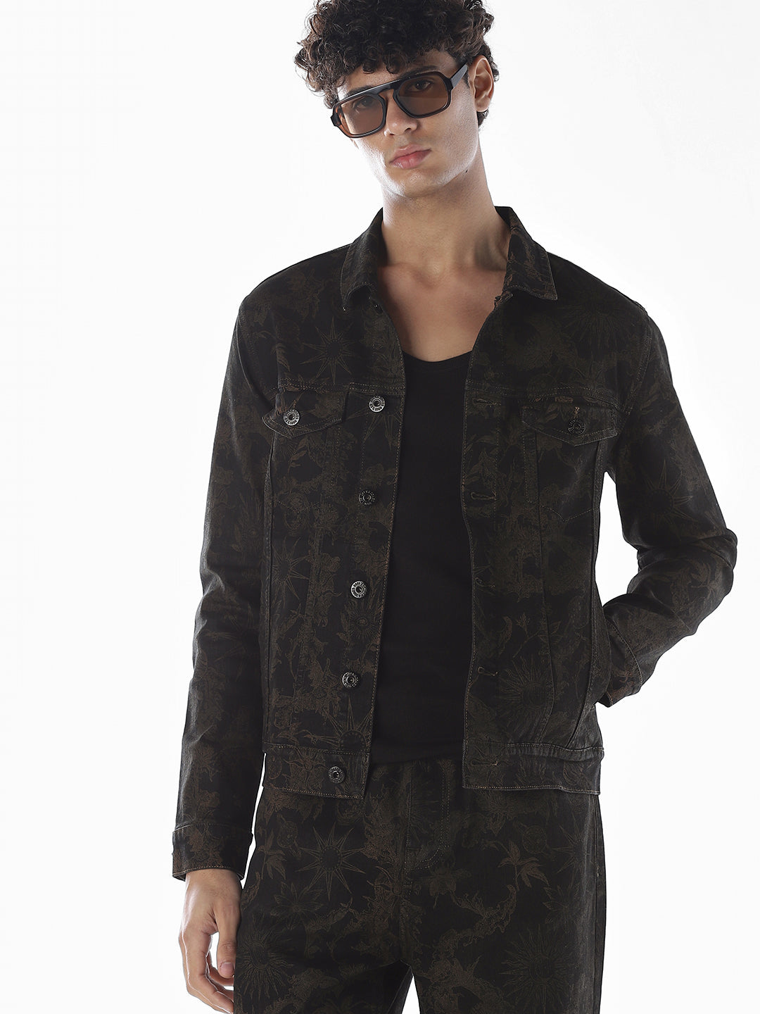 Printed Denim Jacket - Black - XXL
