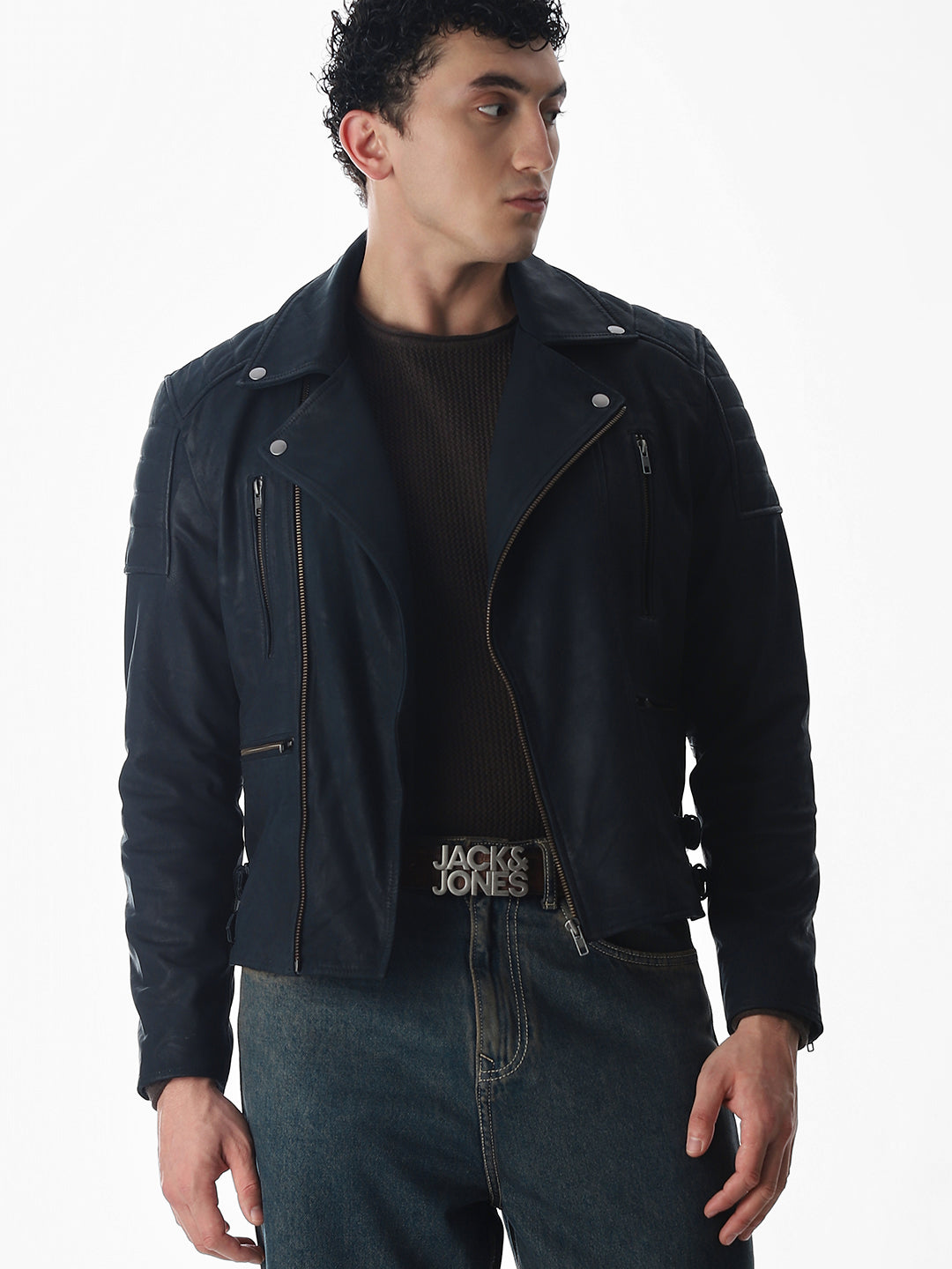 Navy Blue Premium Leather Jacket - S