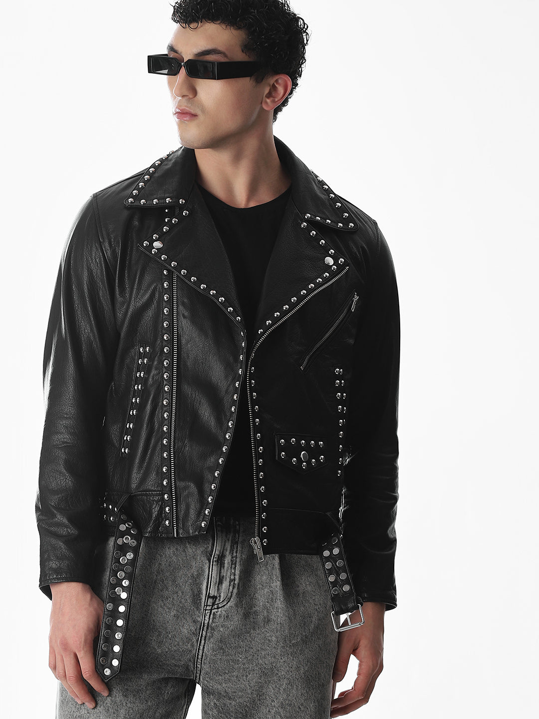 Classic Black Studded Leather Jacket - L