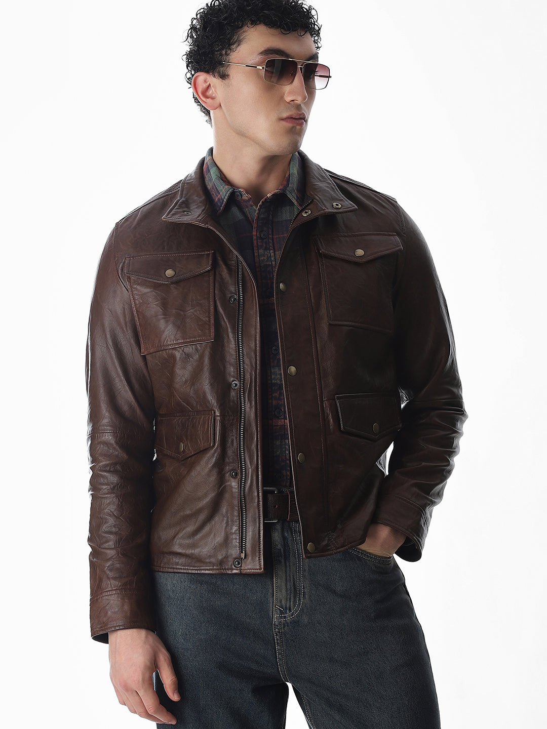 Brown High Neck Leather Jacket