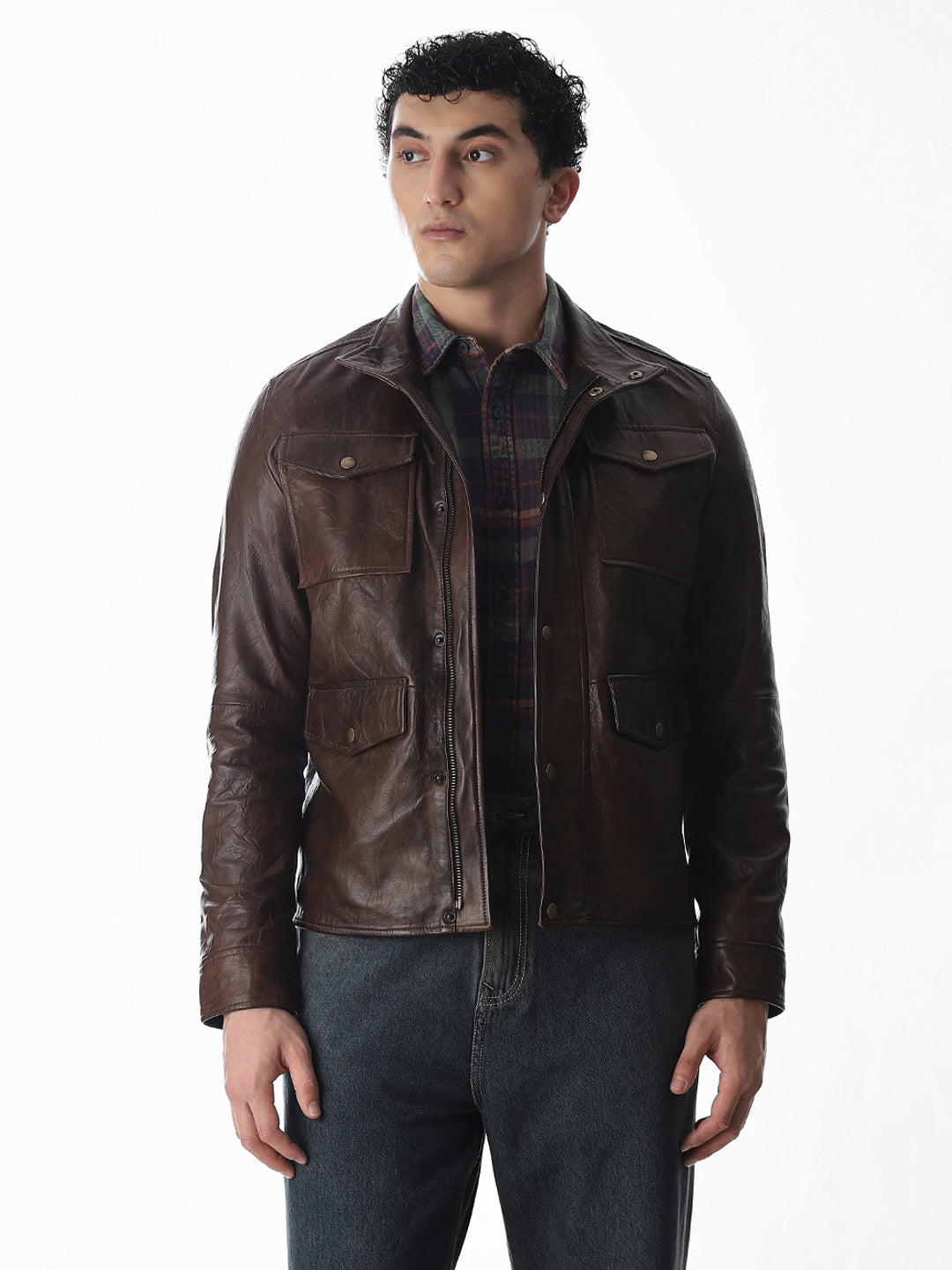 Brown High Neck Leather Jacket