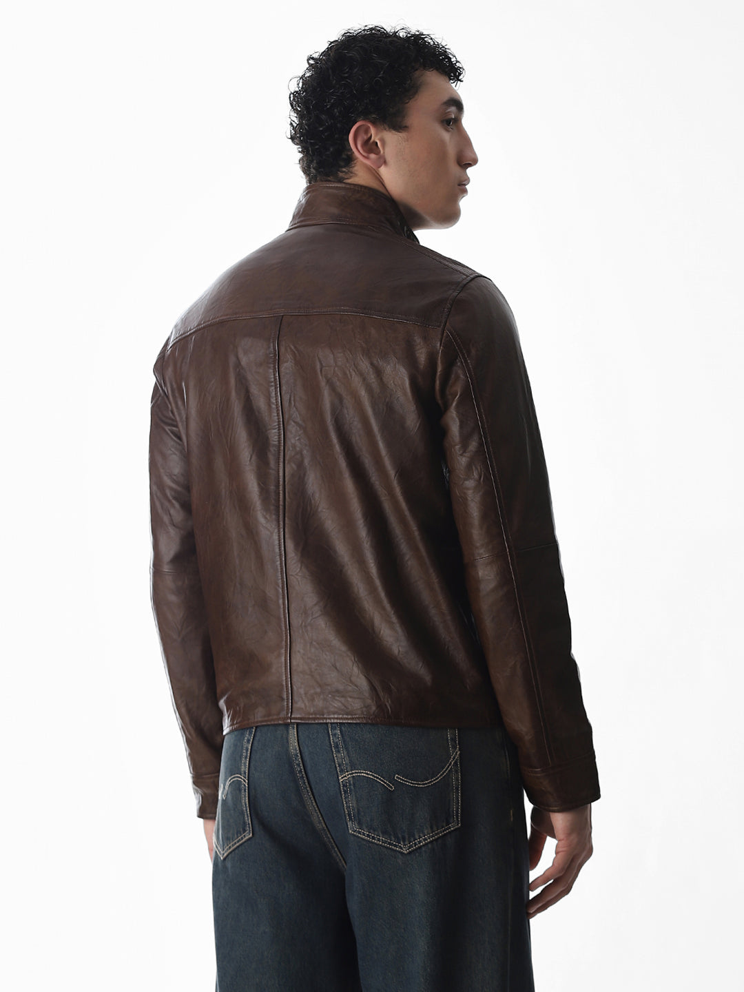 Brown High Neck Leather Jacket