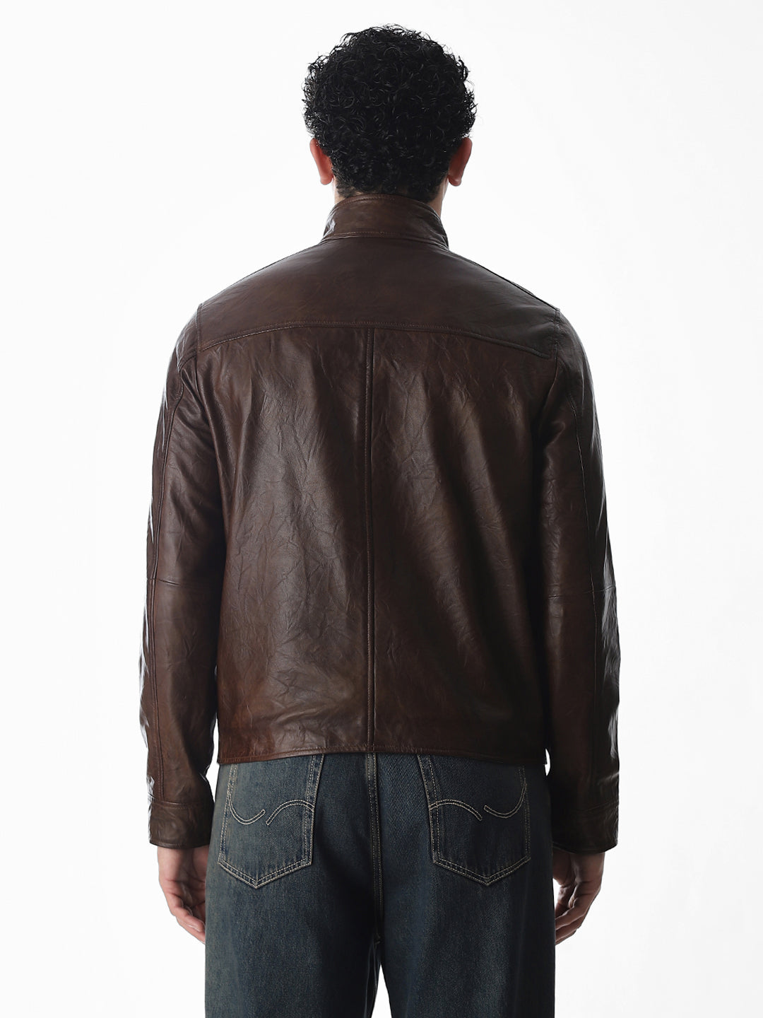 Brown High Neck Leather Jacket