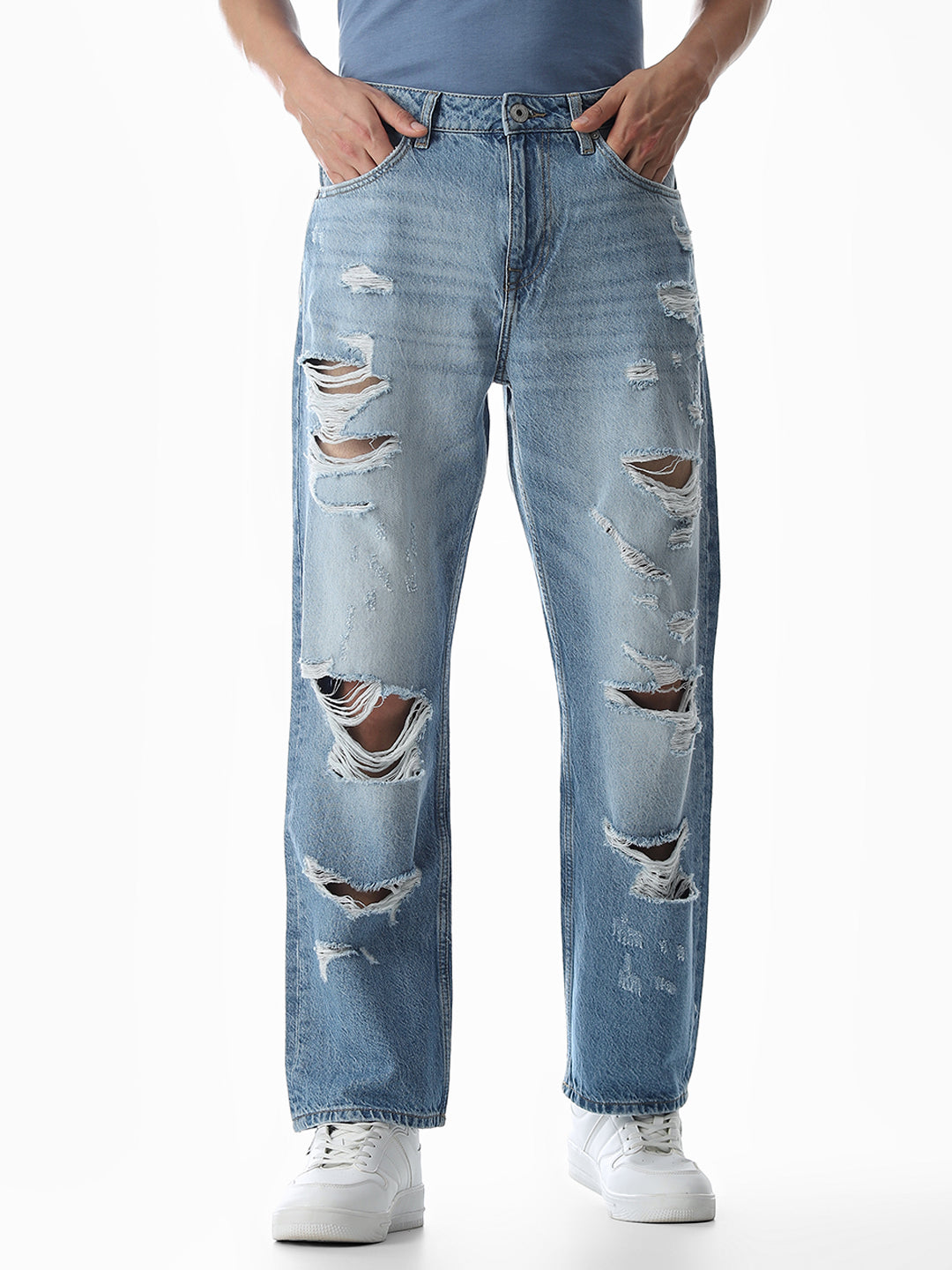 Light Blue Heavily Distressed Eddie Loose Fit Jeans - 28/30