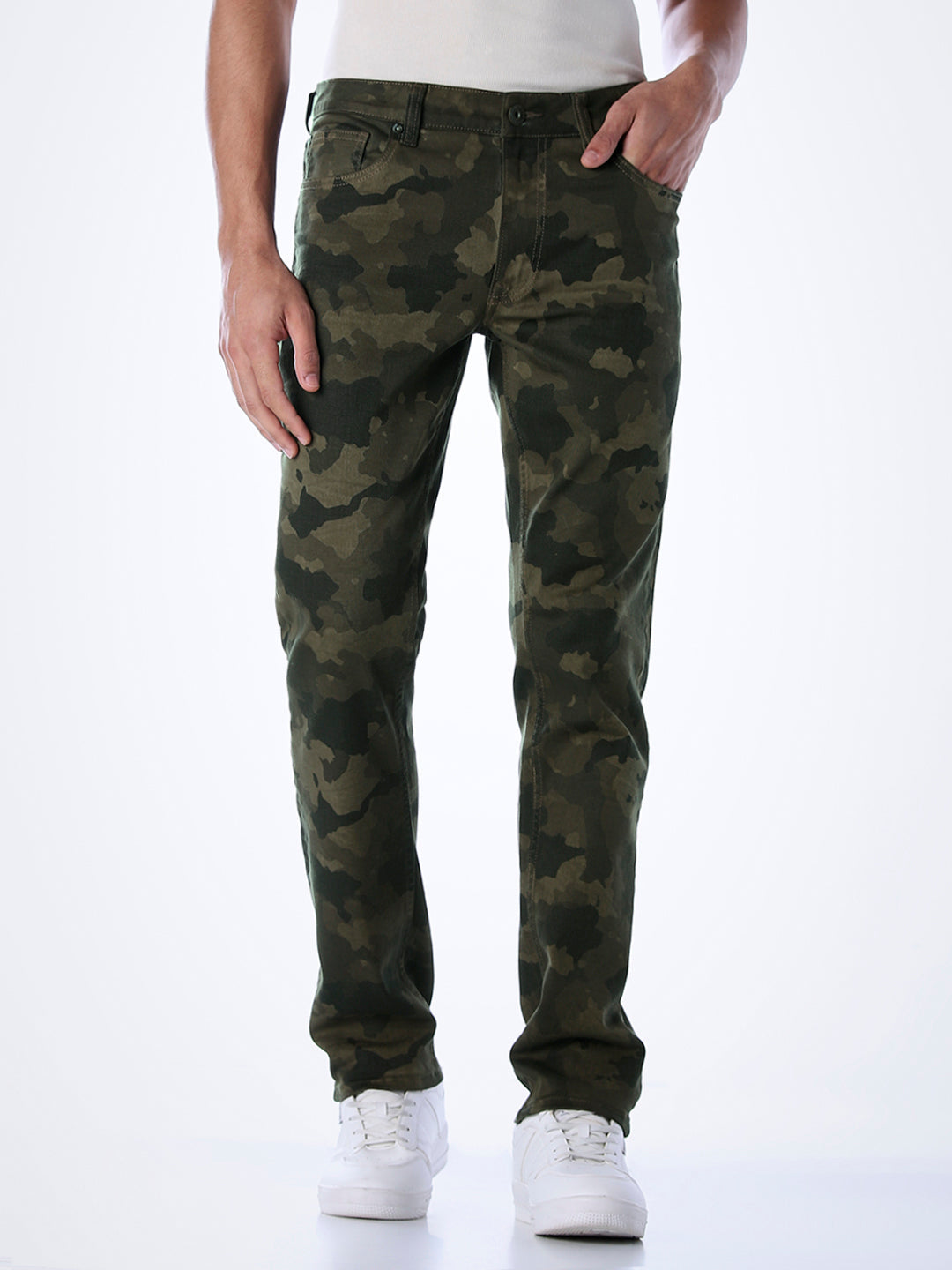 Olive Green Camo Print Slim Fit Jeans