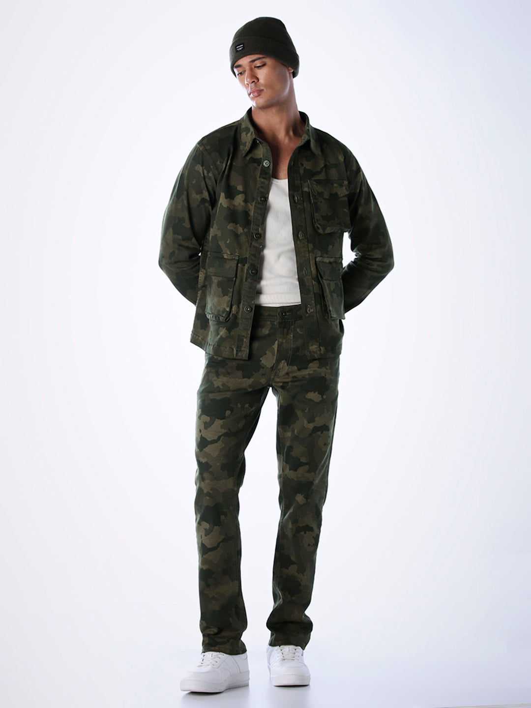 Olive Green Camo Print Slim Fit Jeans