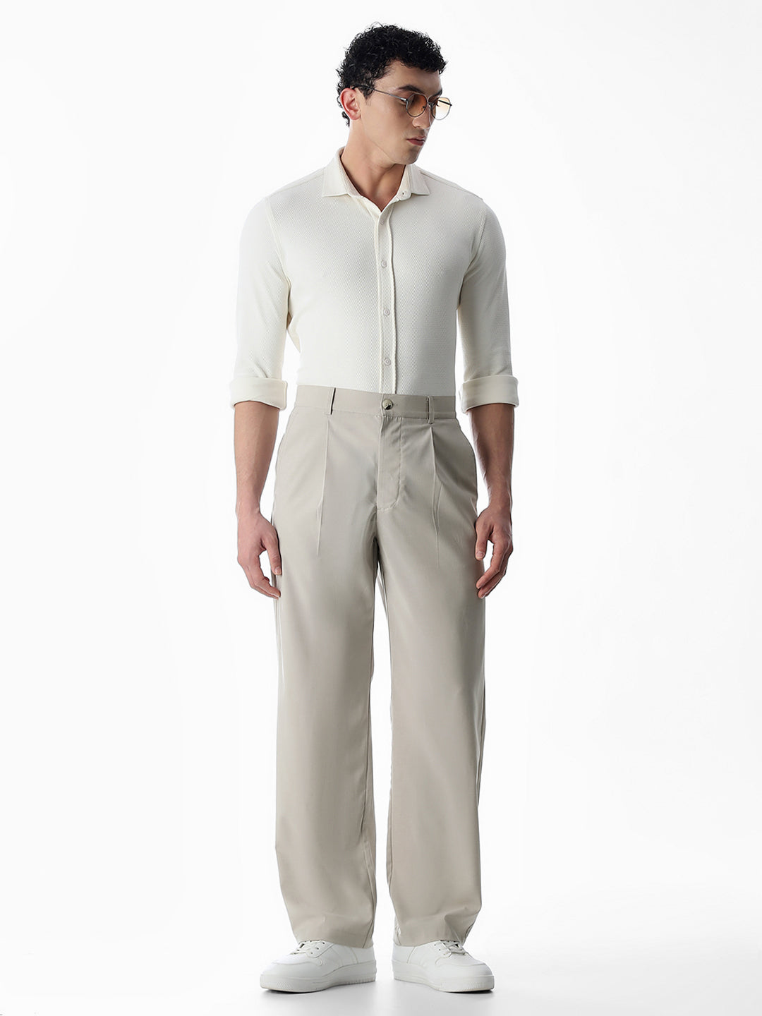 High Rise Loose Fit Pants - Beige