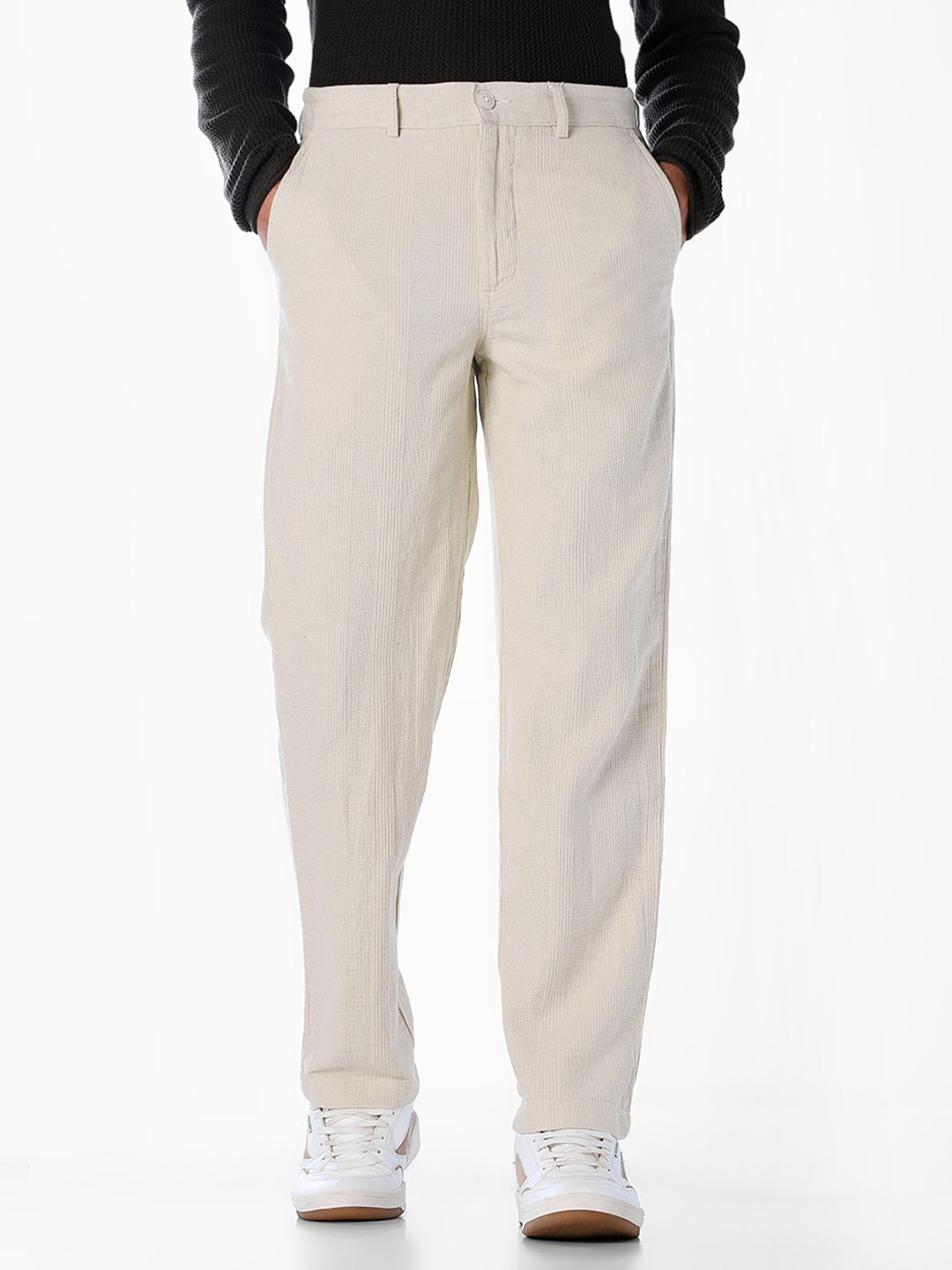 Men's Beige Cotton-Linen Regular Fit Chinos - S