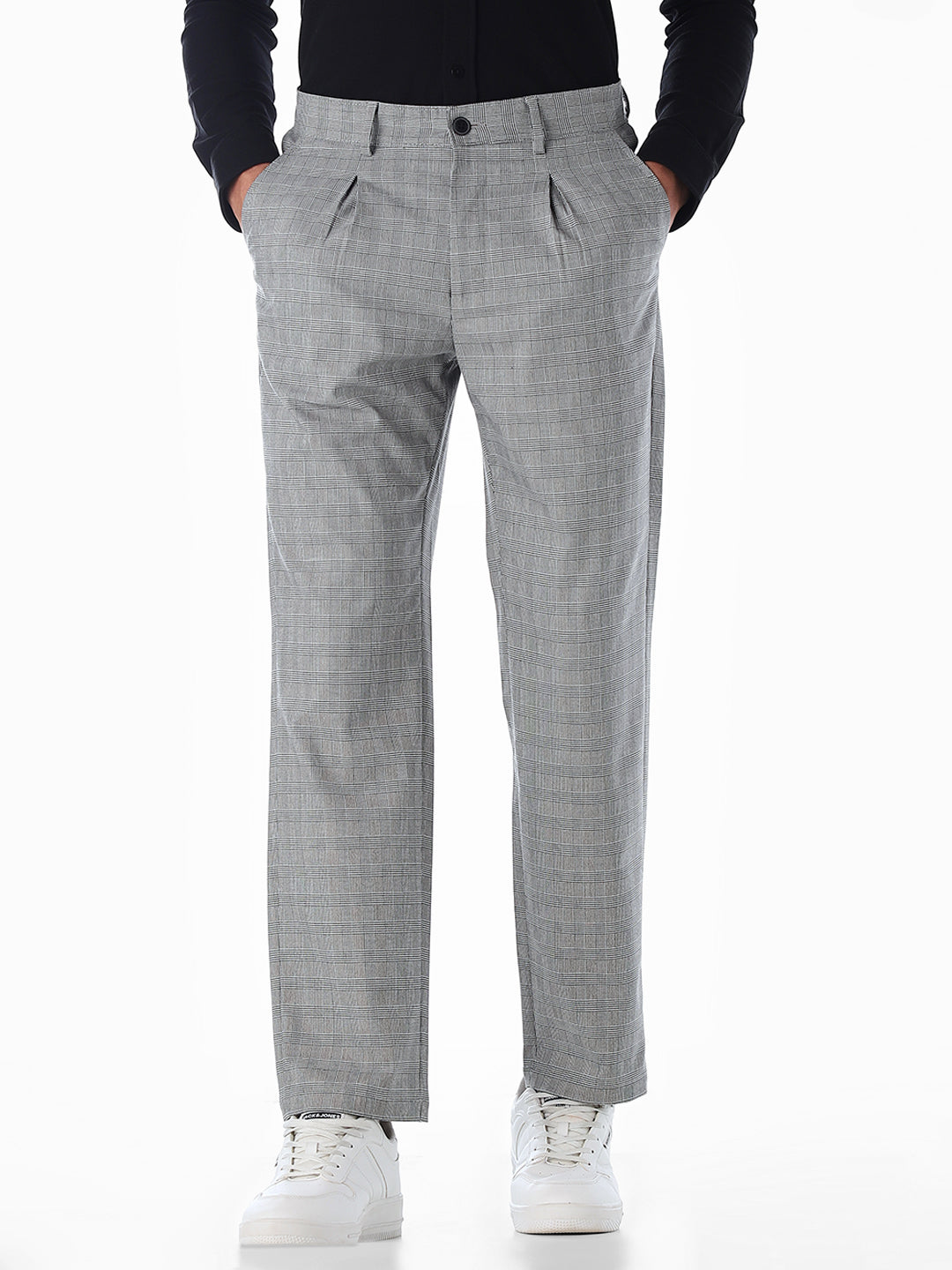 Grey Plaid Pleated Pants