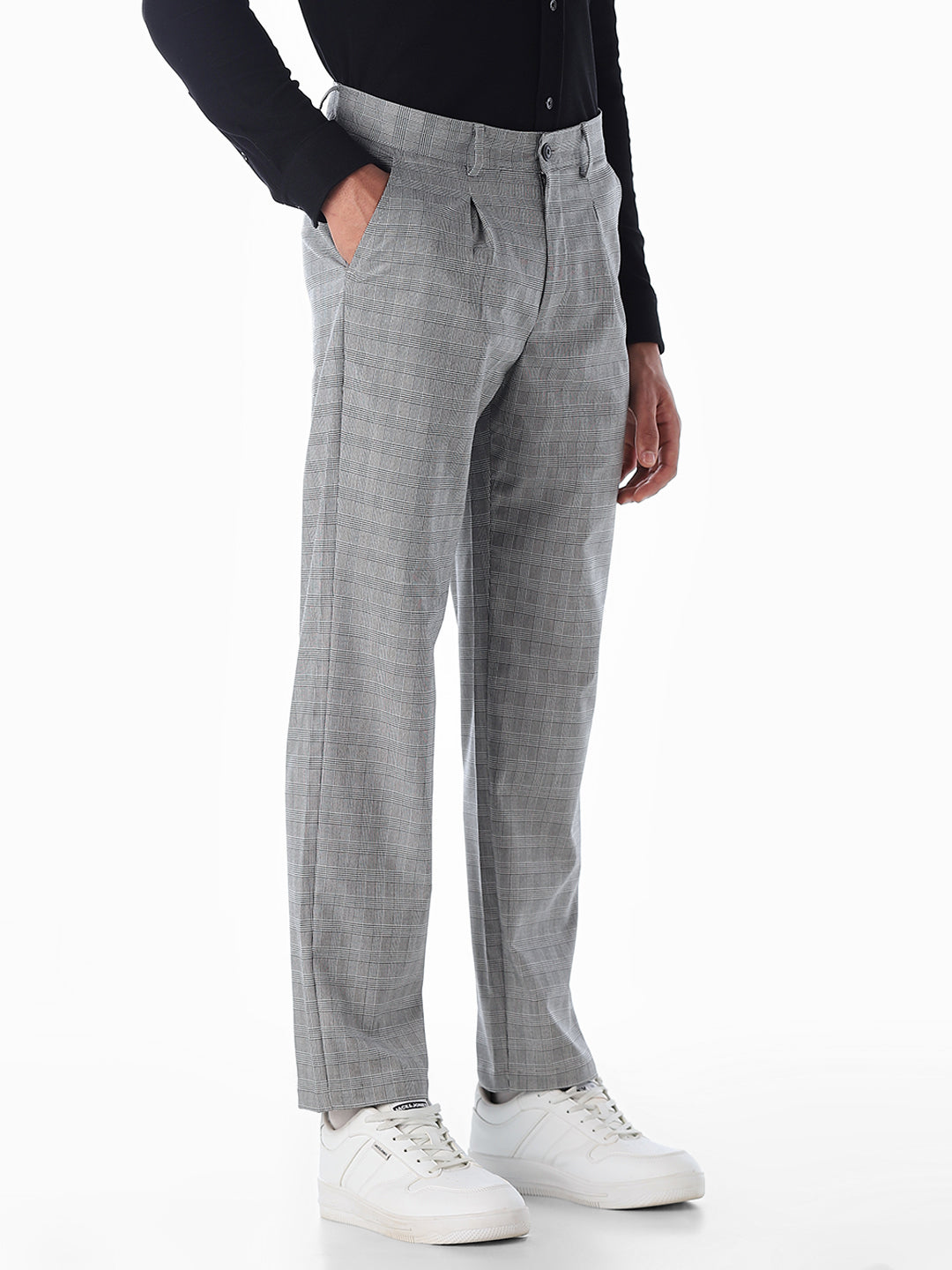 Grey Plaid Pleated Pants