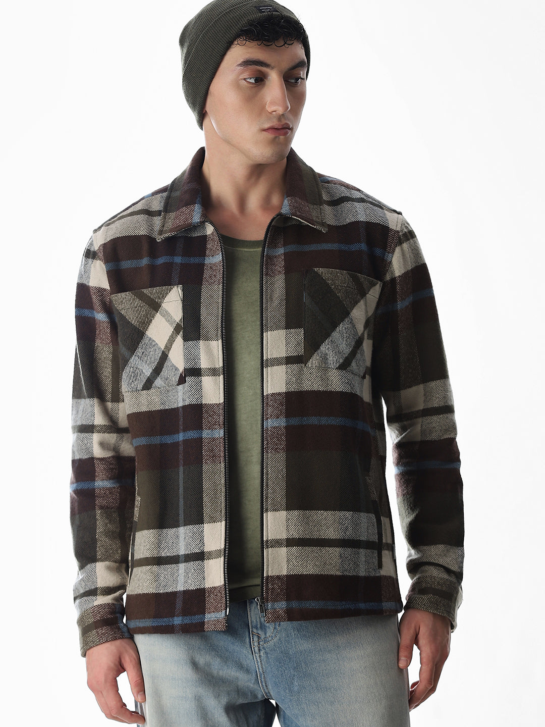 Check Zip-Up Oversized Shirt