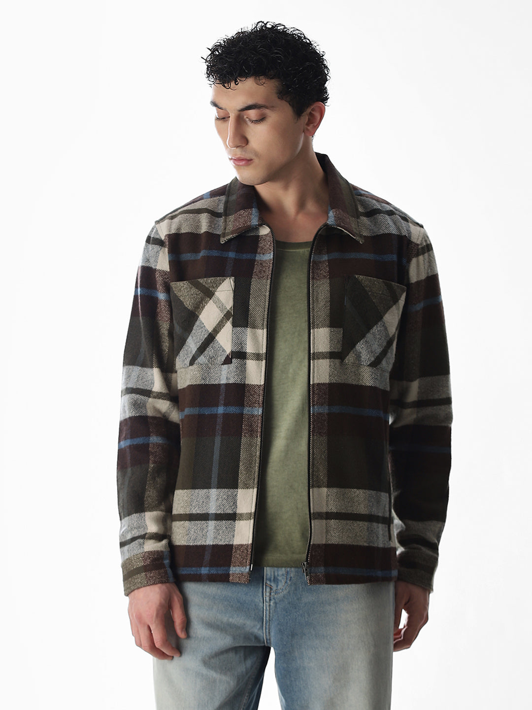 Check Zip-Up Oversized Shirt