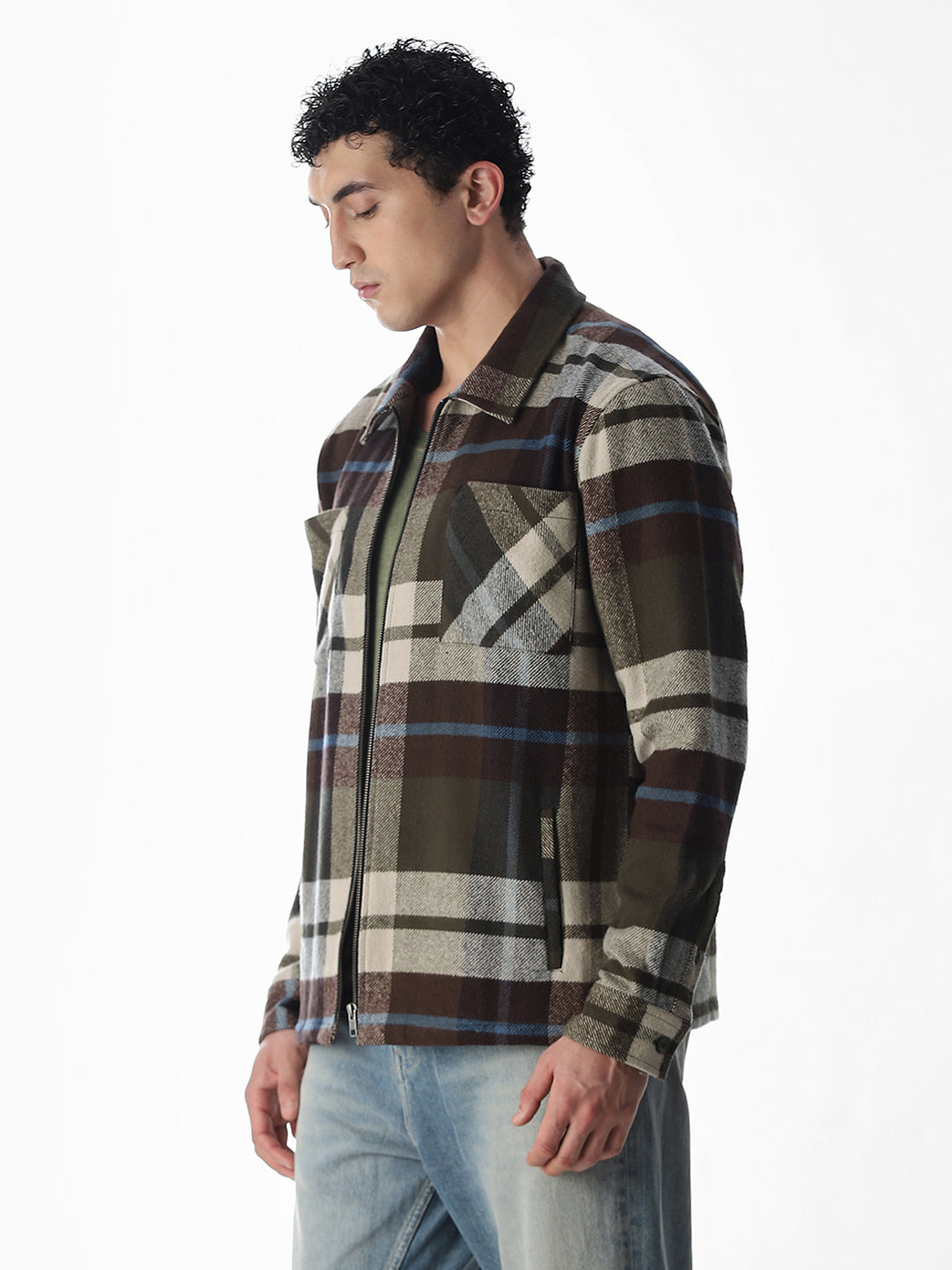 Check Zip-Up Oversized Shirt