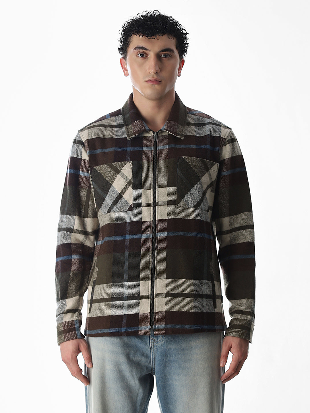 Check Zip-Up Oversized Shirt