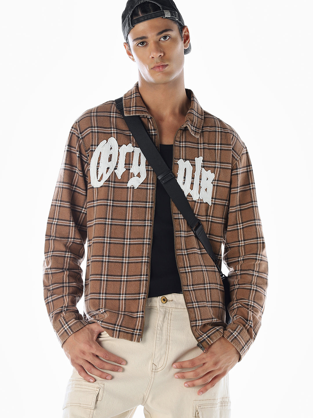 Typographic Print Check Oversized Shirt - S