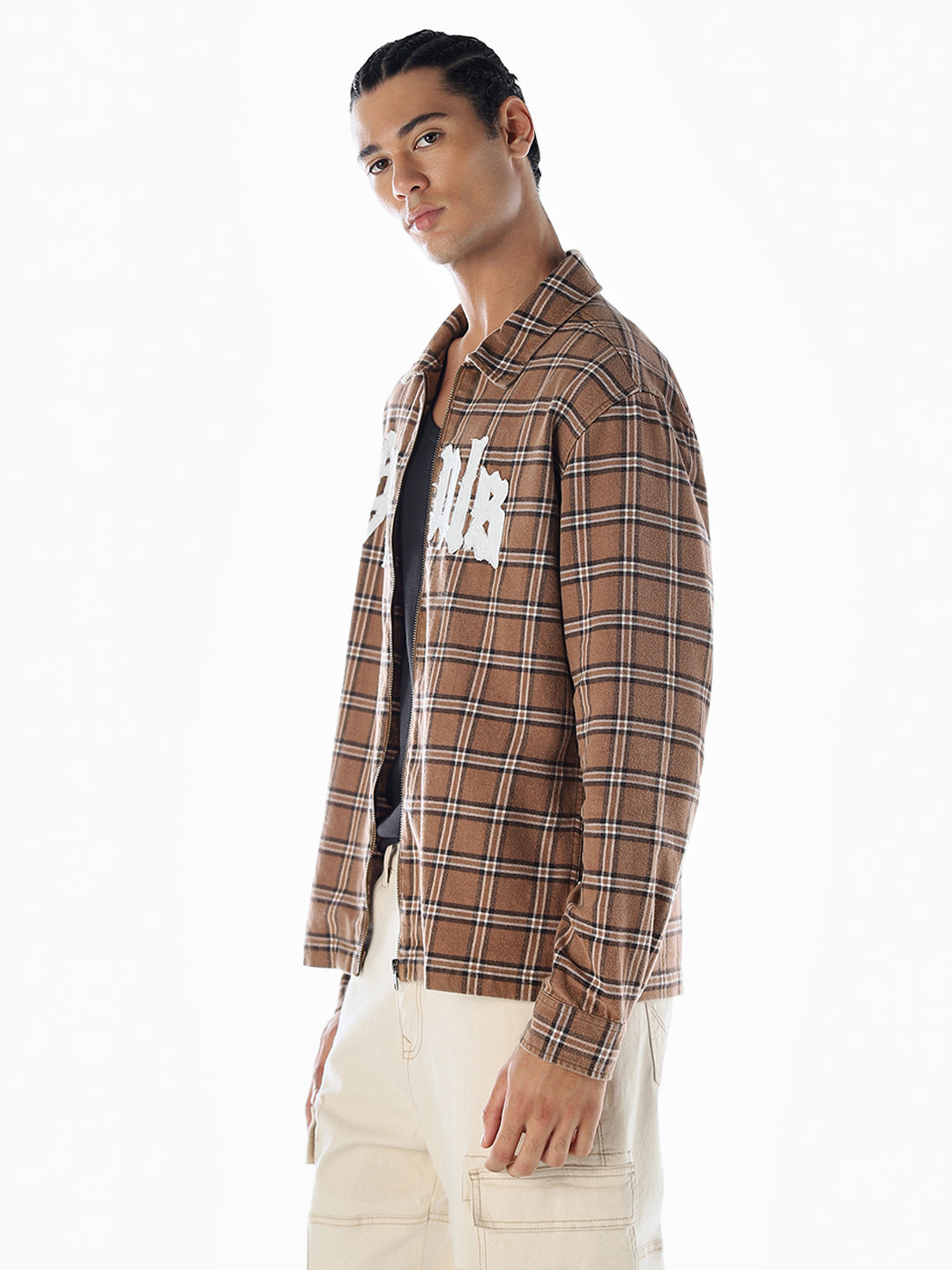 Typographic Print Check Oversized Shirt