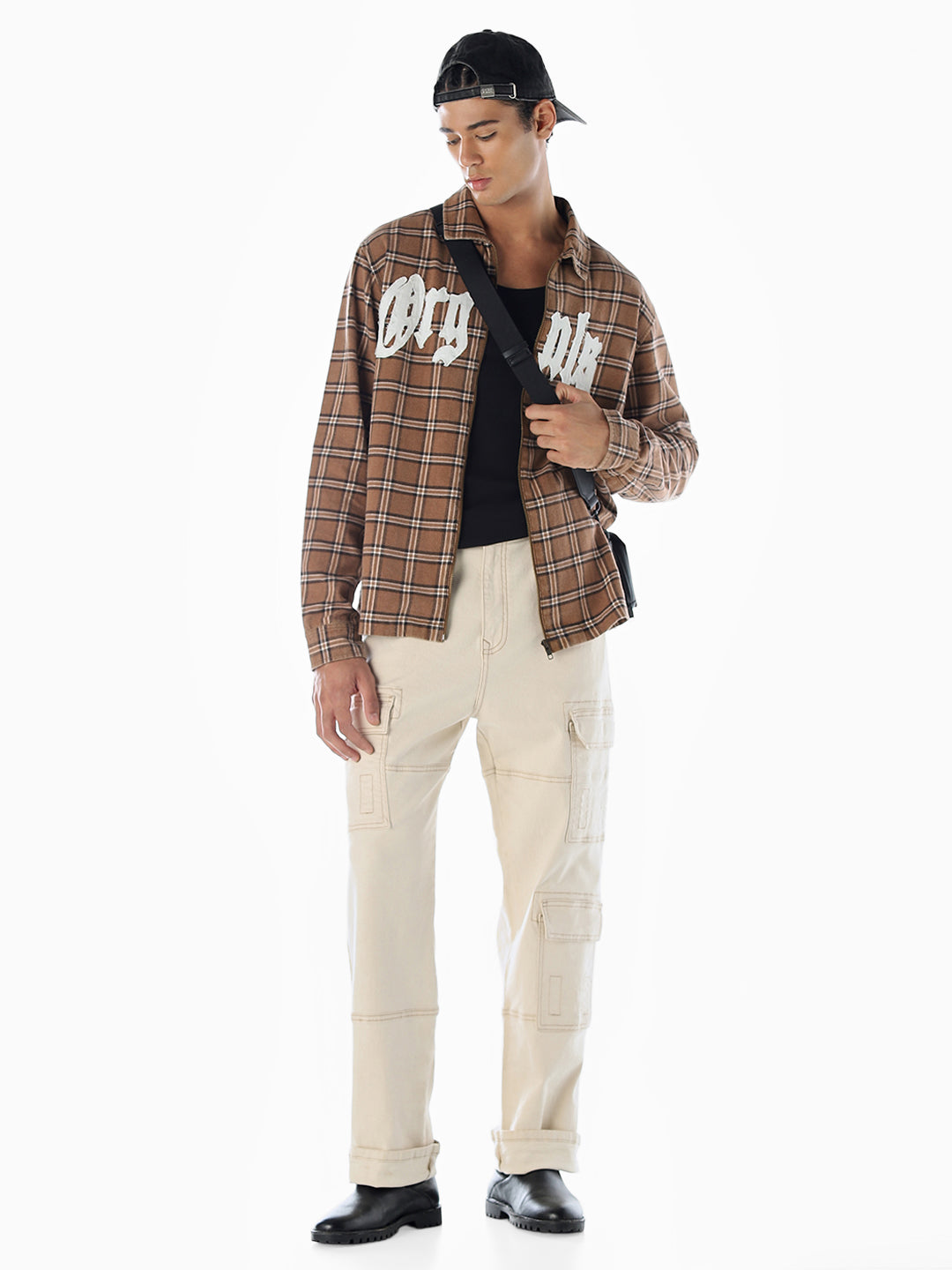 Typographic Print Check Oversized Shirt