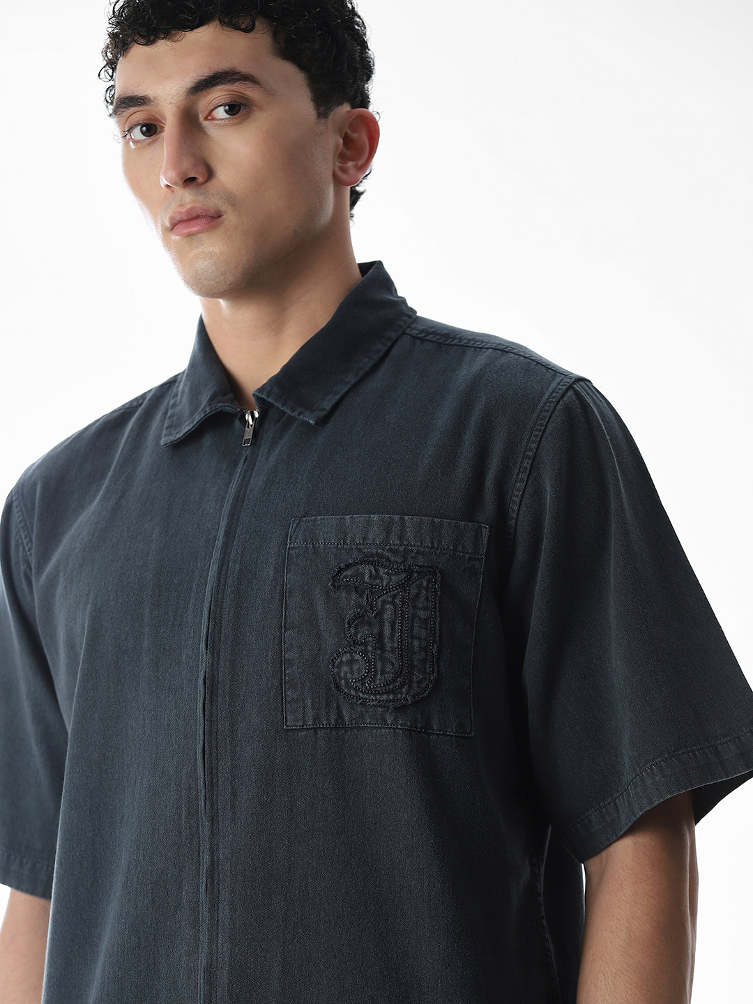 Embroidered Logo Zip-Up Shirt