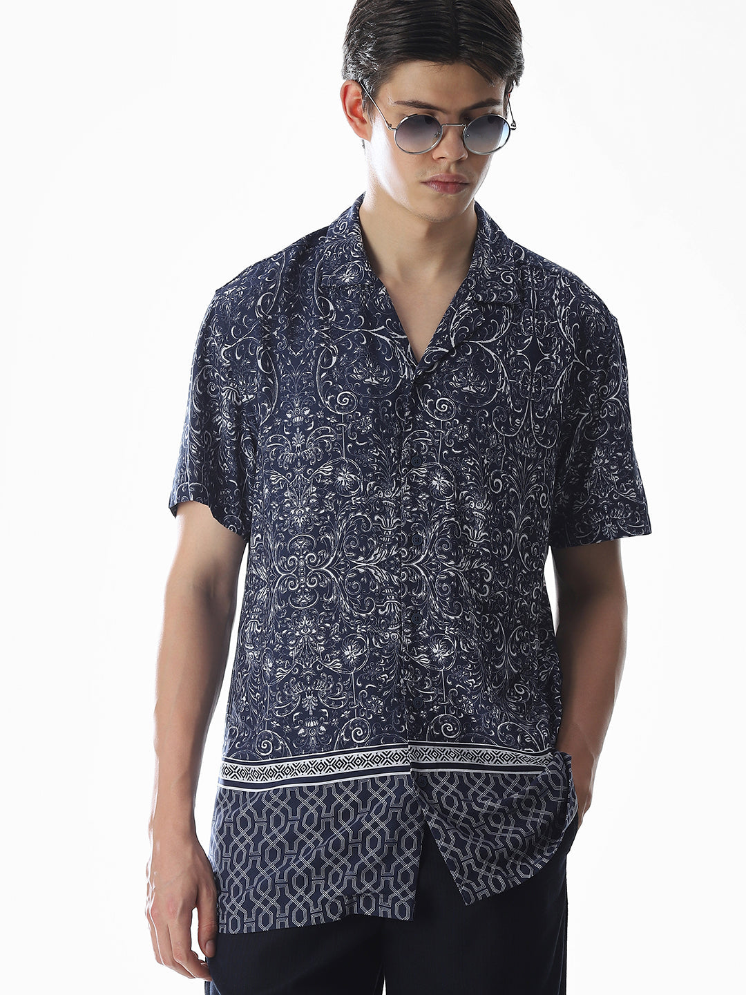 Blue Printed Viscose Comfort Fit Shirt