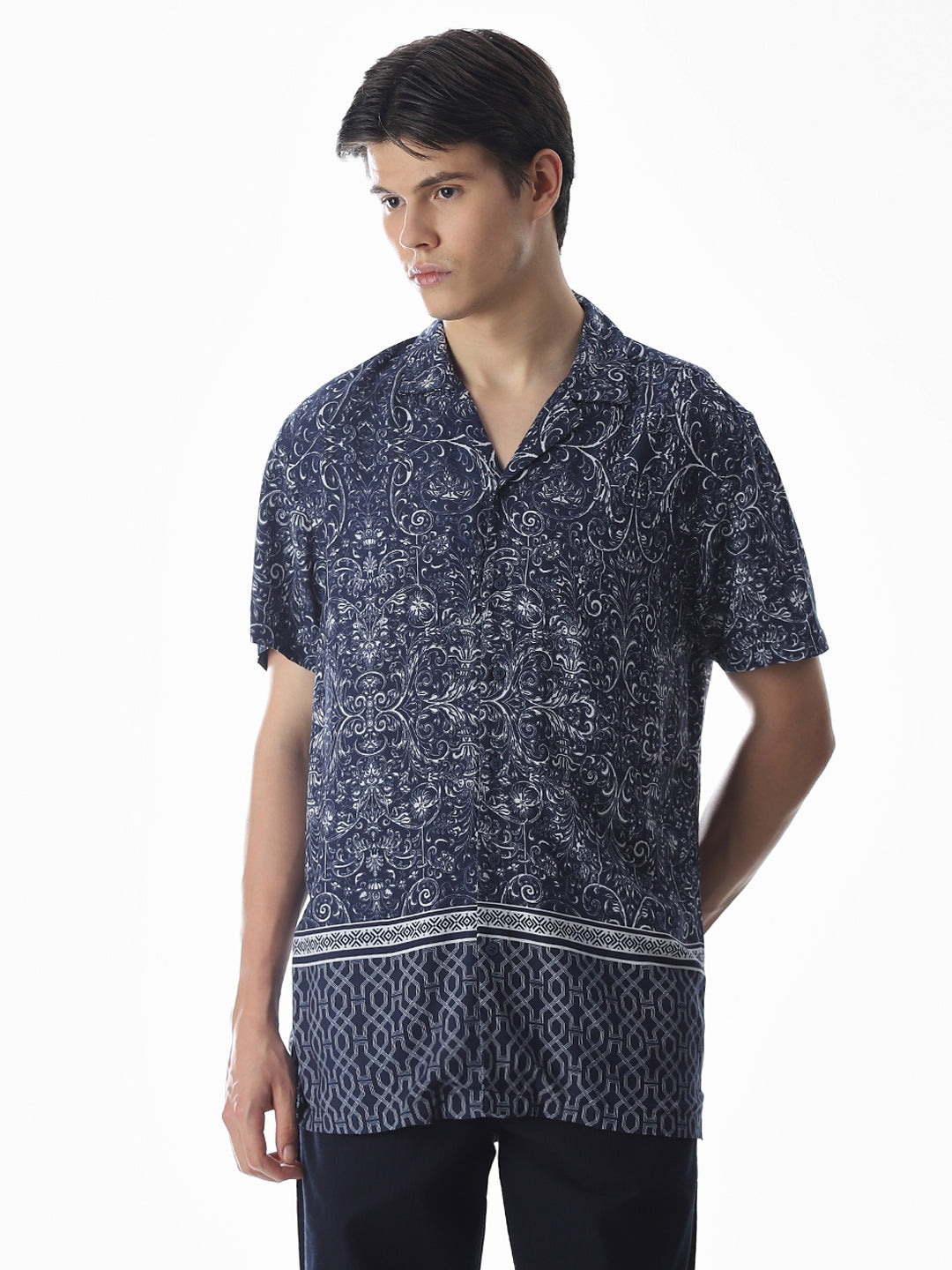 Blue Printed Viscose Comfort Fit Shirt