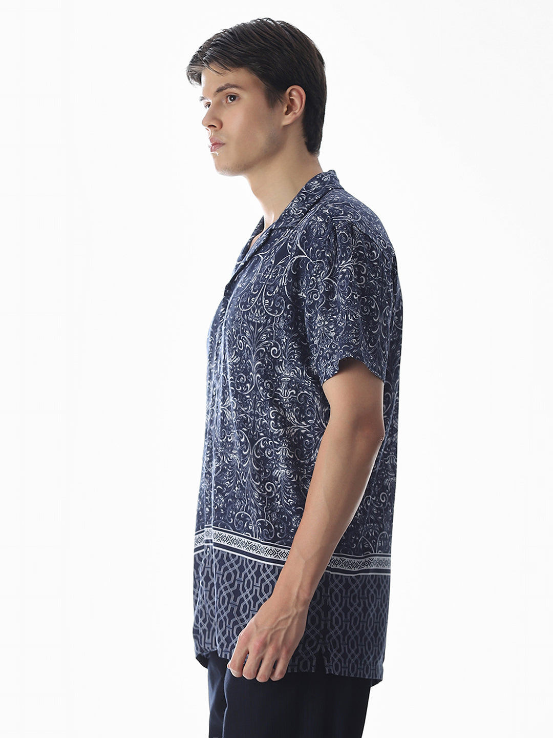 Blue Printed Viscose Comfort Fit Shirt