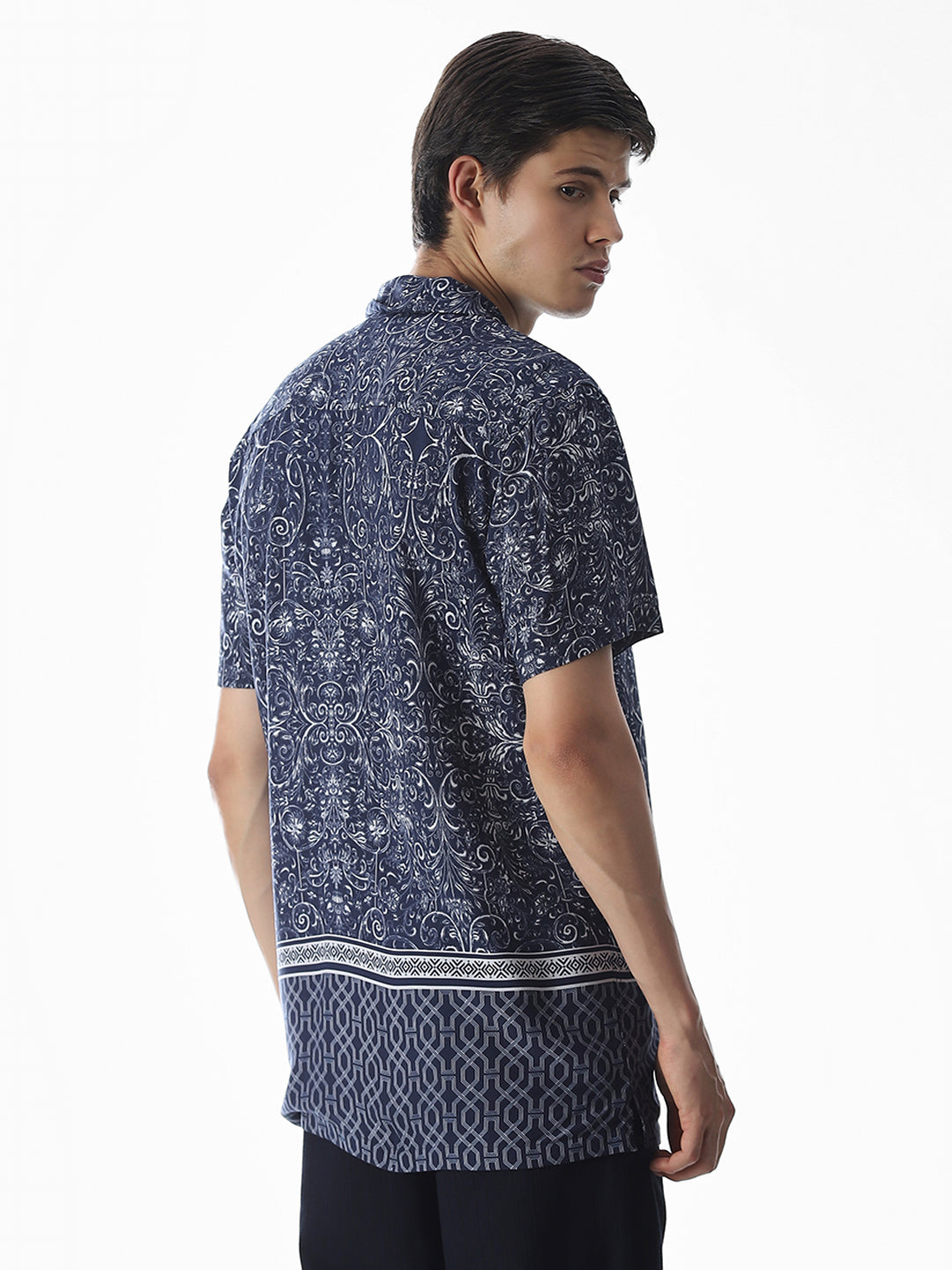 Blue Printed Viscose Comfort Fit Shirt