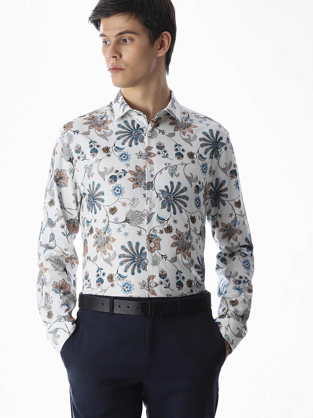 White Printed Cotton Shirt - M