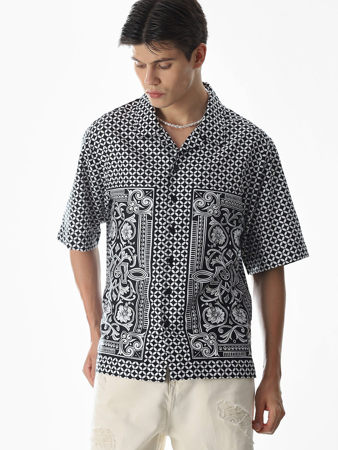 Black Abstract Print Oversized Shirt - S