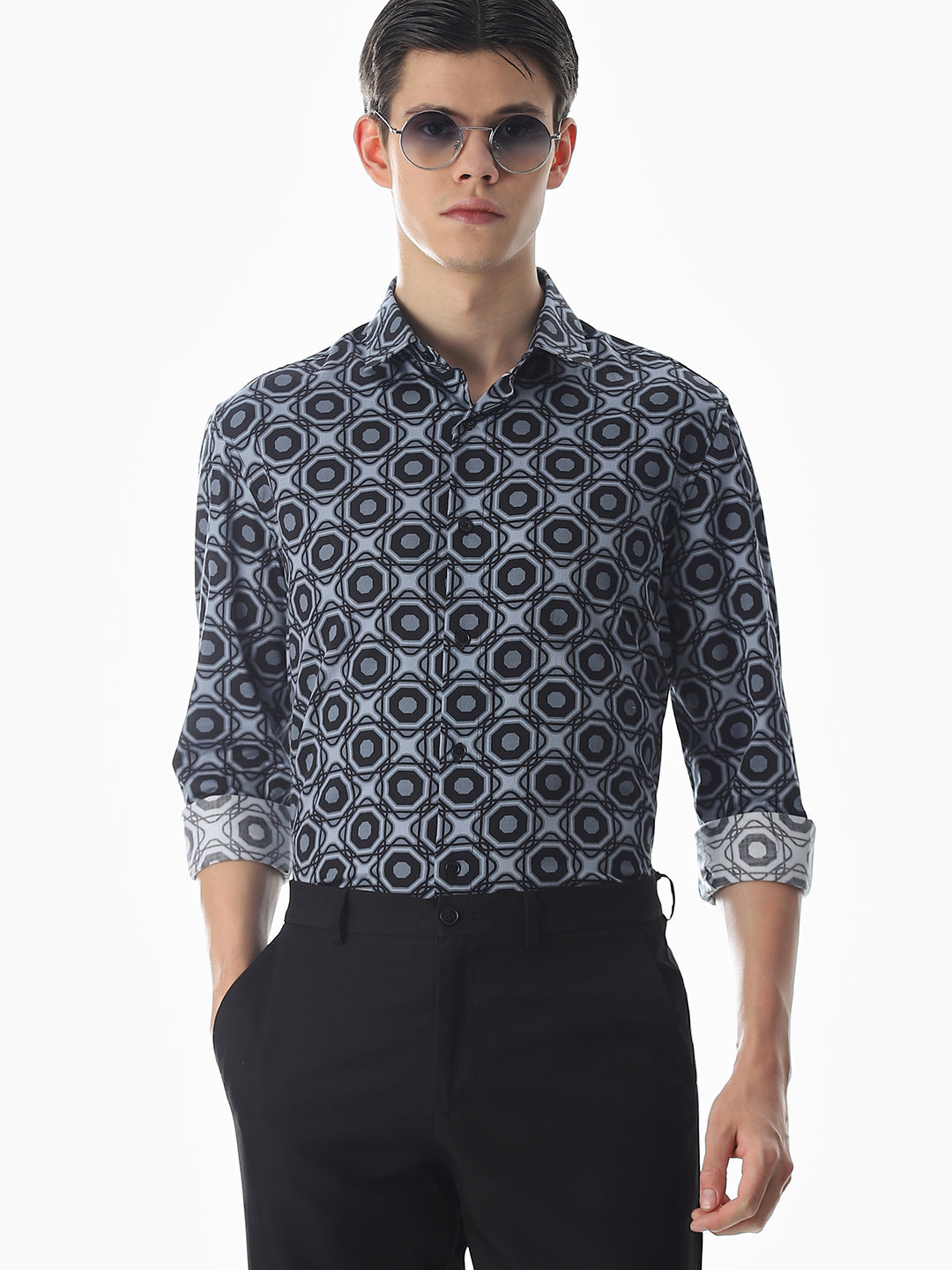 Grey Printed Cotton Shirt - S