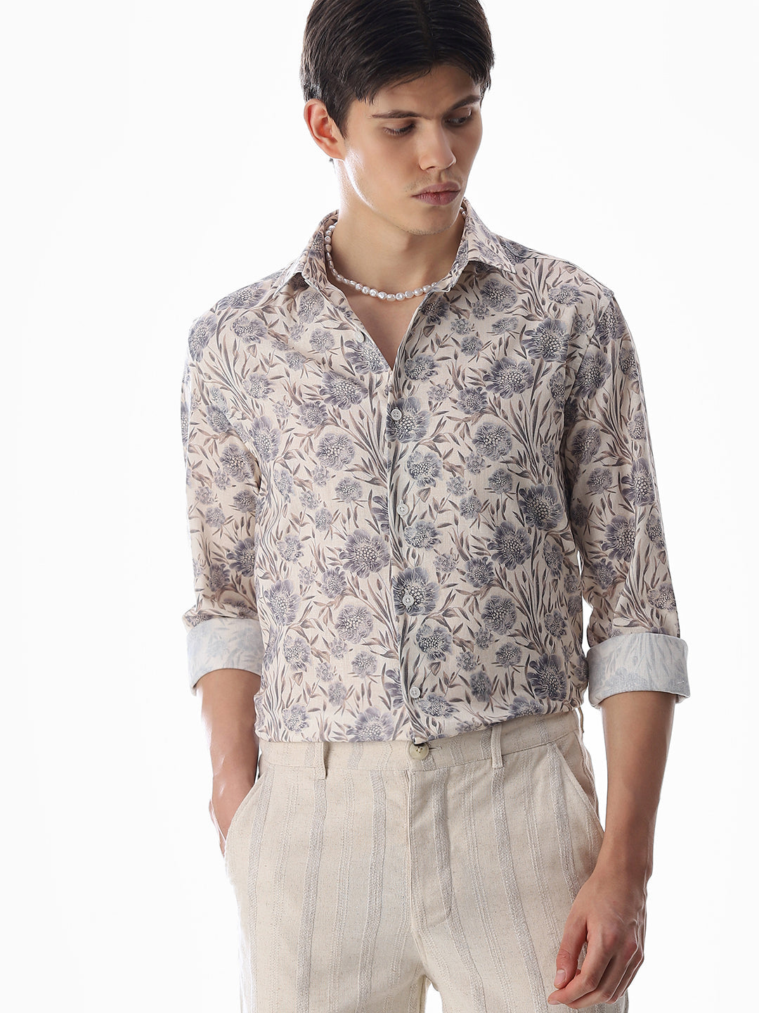 Beige Printed Cotton Shirt - S