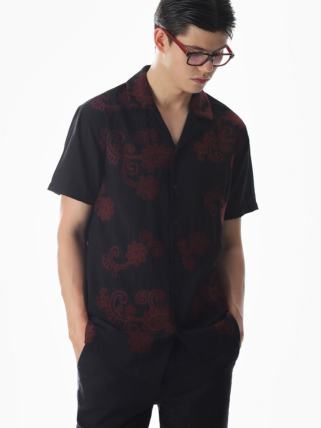 Black Embroidered Comfort Fit Shirt - S