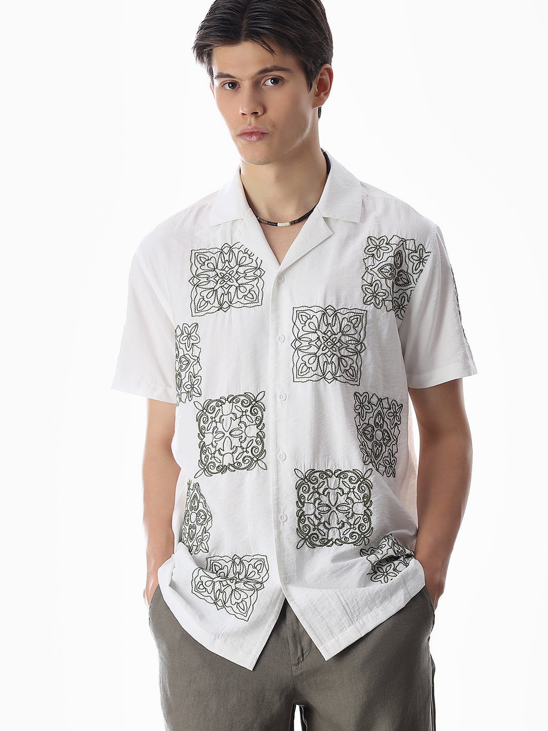 White Embroidered Comfort Fit Shirt - M