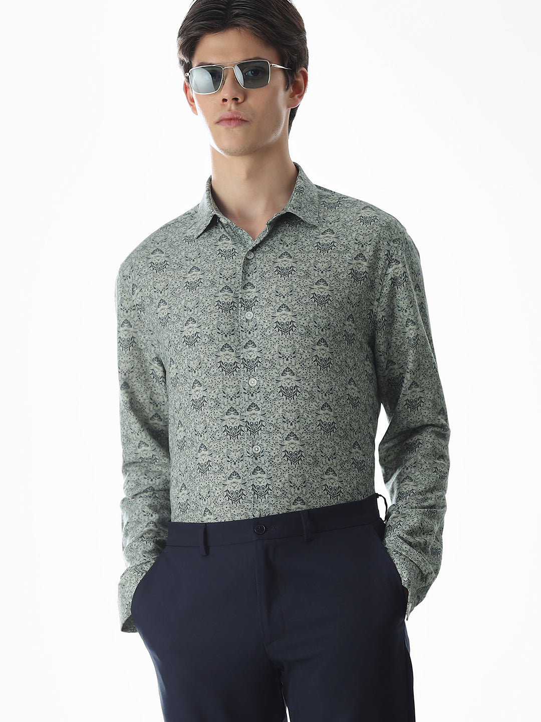 Green Printed Viscose Blend Shirt - S