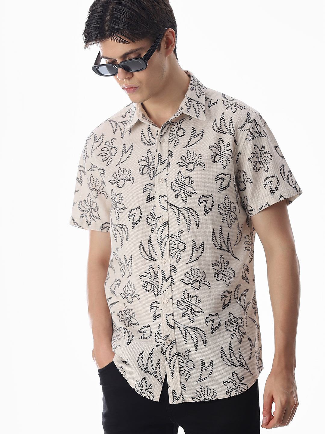 Beige Printed Comfort Fit Shirt - S