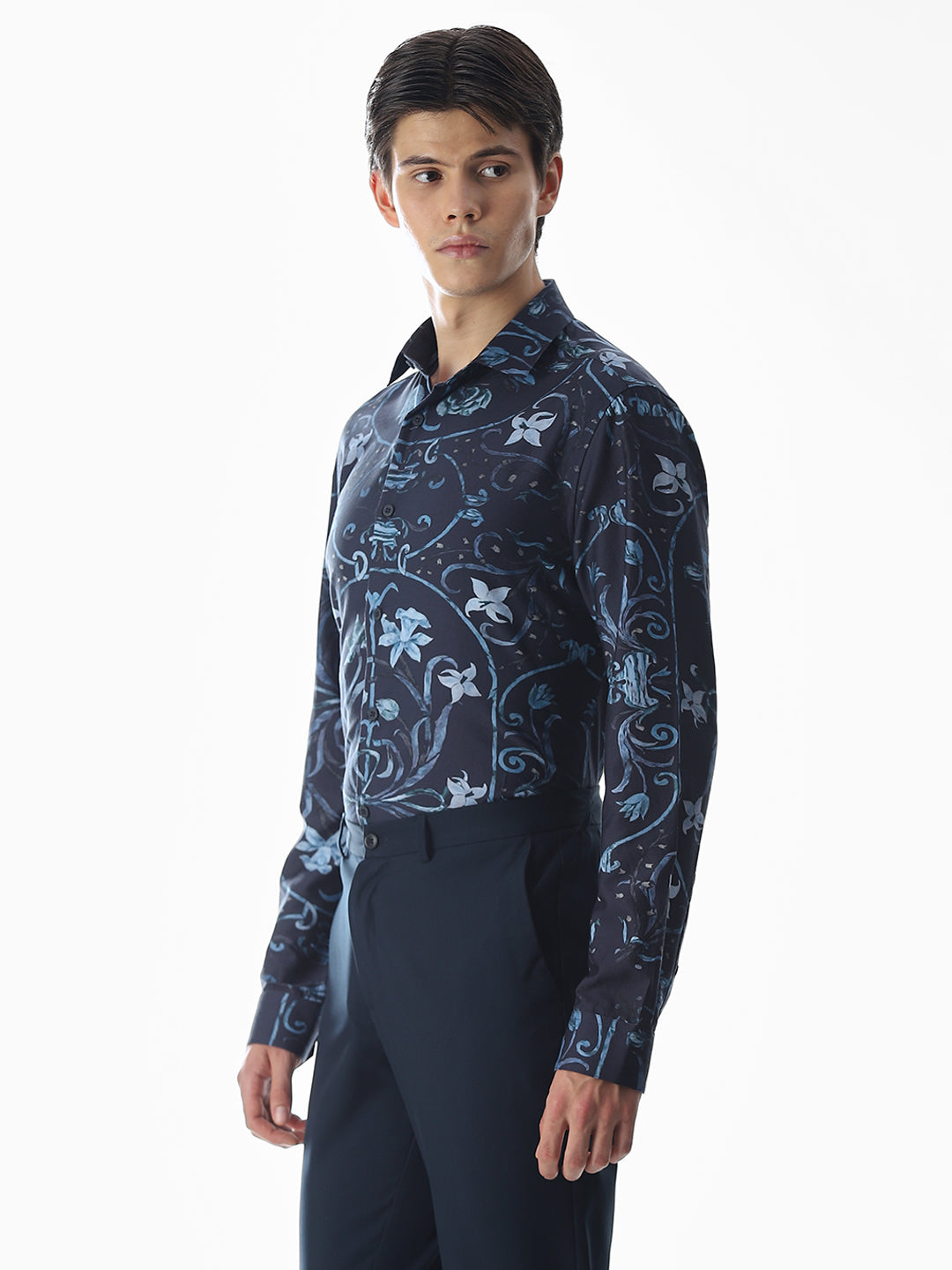 Dark Blue Printed Cotton Shirt