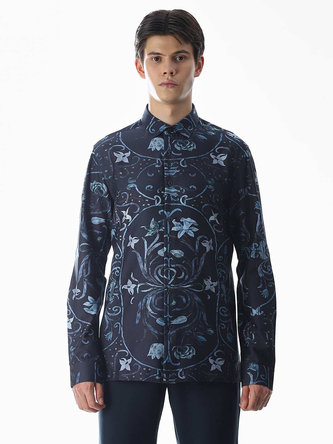 Dark Blue Printed Cotton Shirt