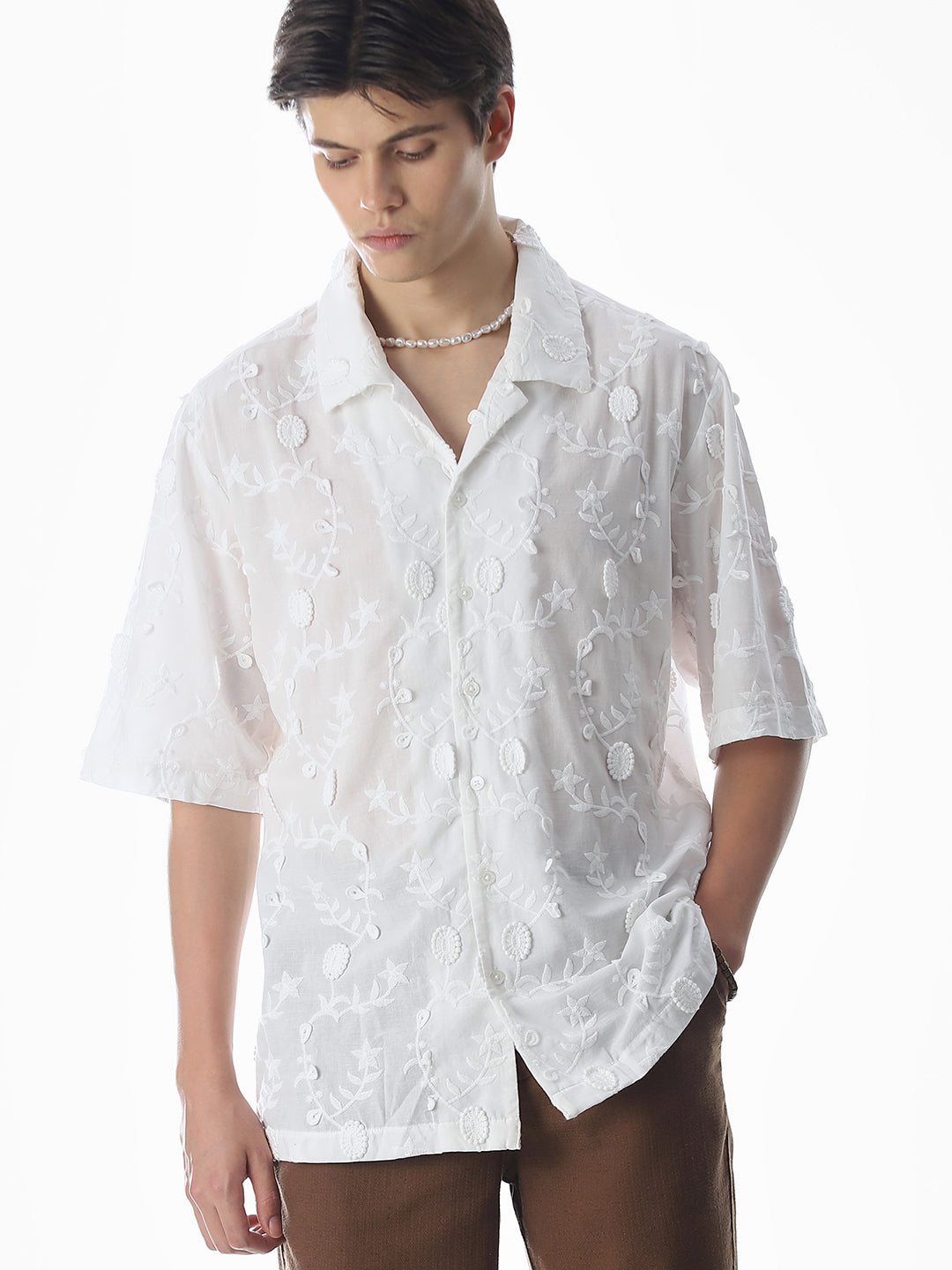 White Embroidered Oversized Shirt - S