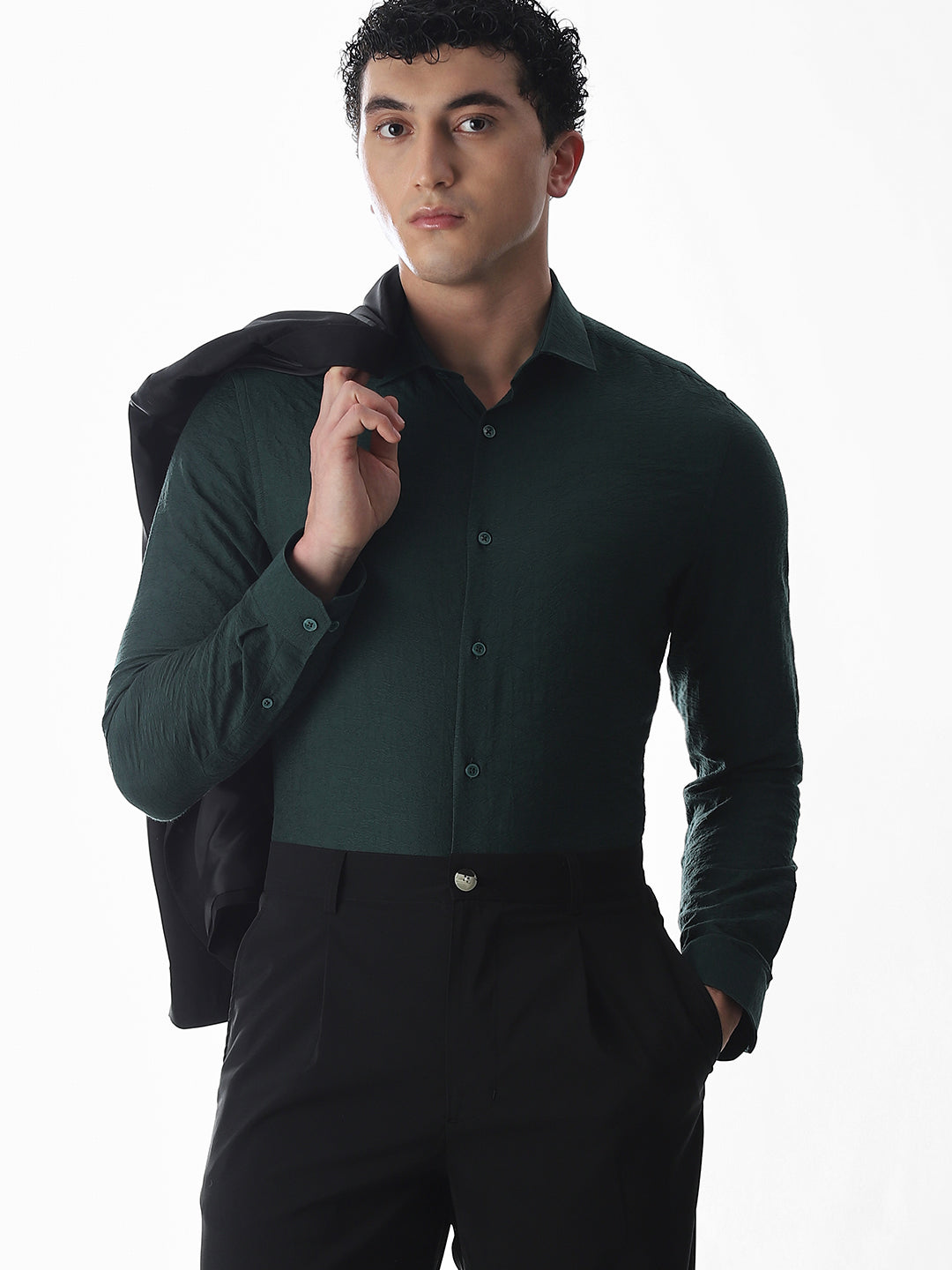 Slim Fit Dobby Shirt - Green - M