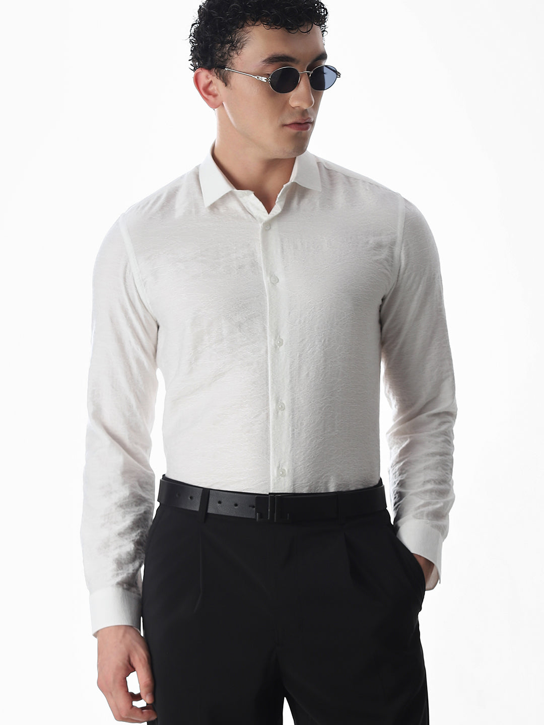 Slim Fit Dobby Shirt - White - S