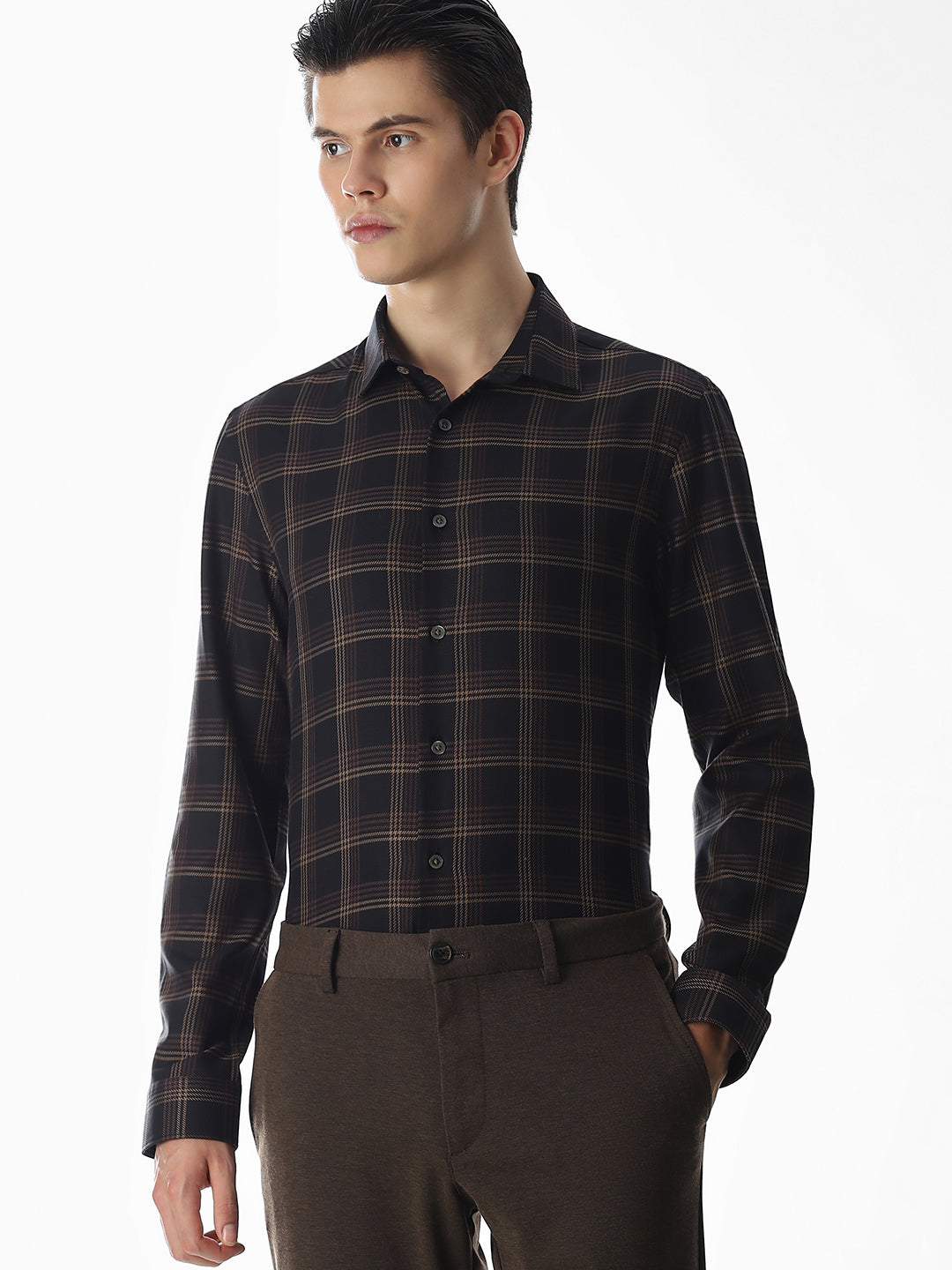 Dark Brown Check Cotton Shirt - XXL