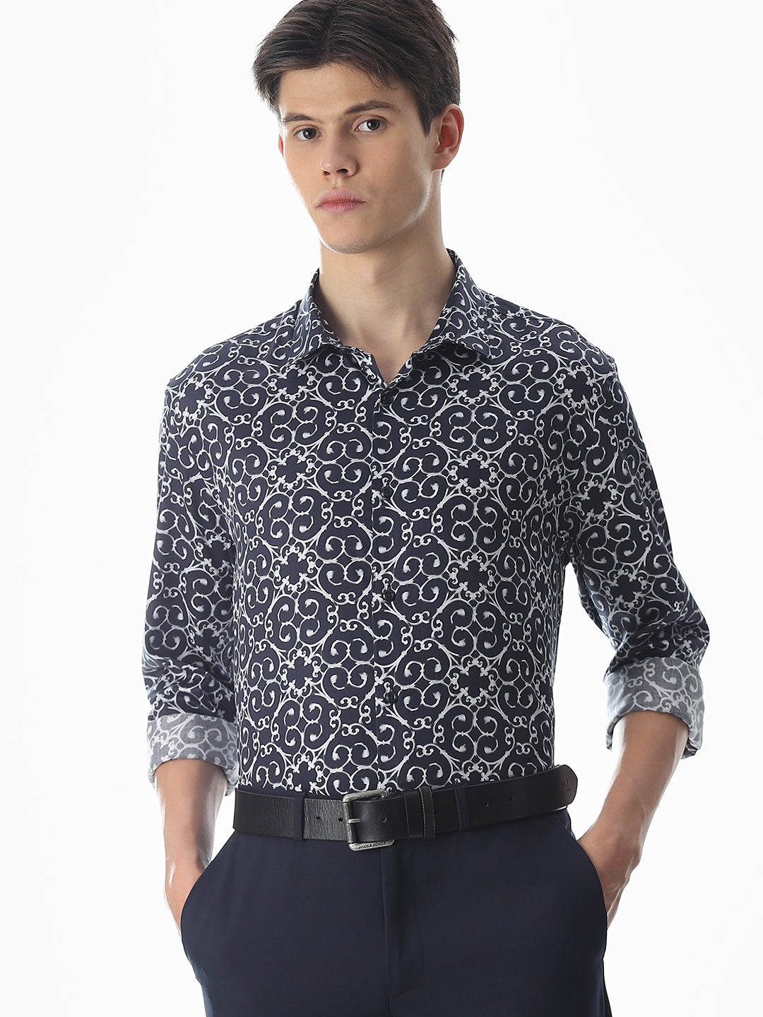 Dark Blue Printed Cotton Shirt - S